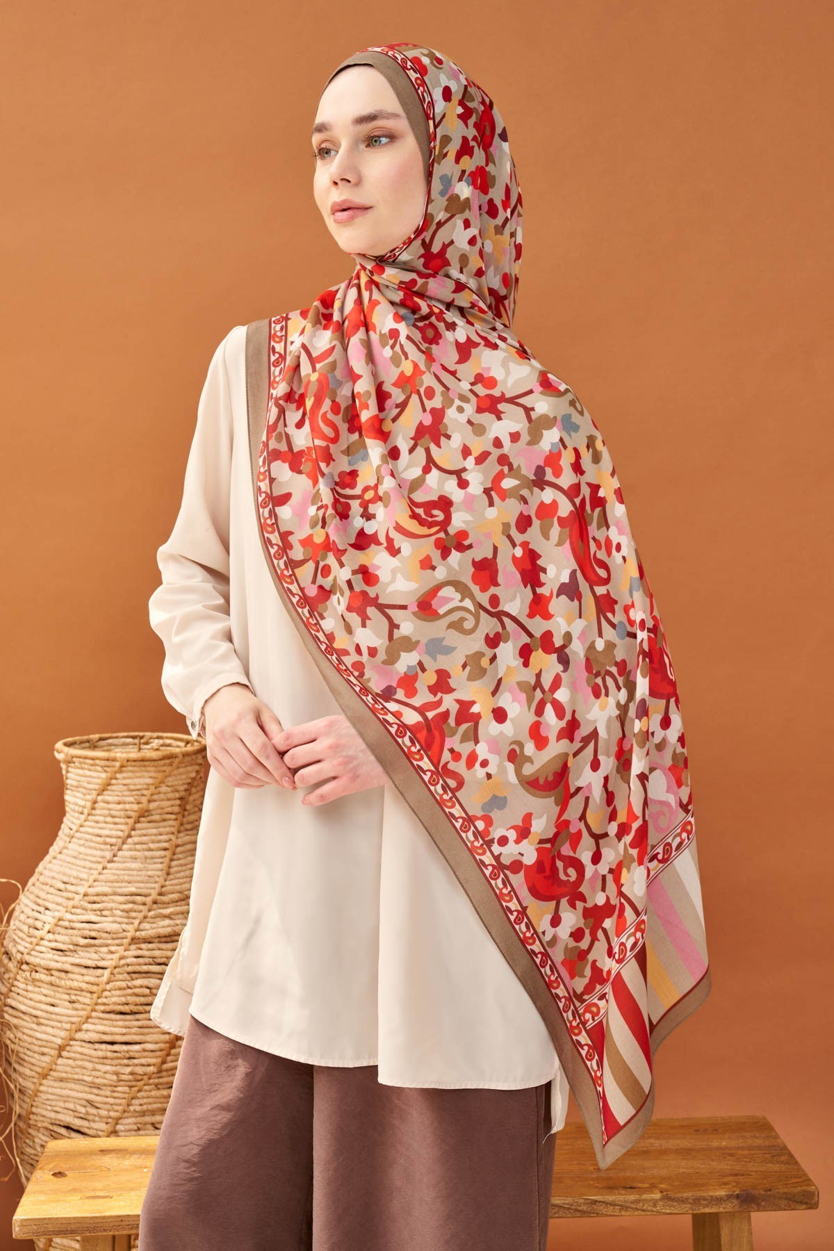 Riva Şal Tencel Botanical Floral Vizon