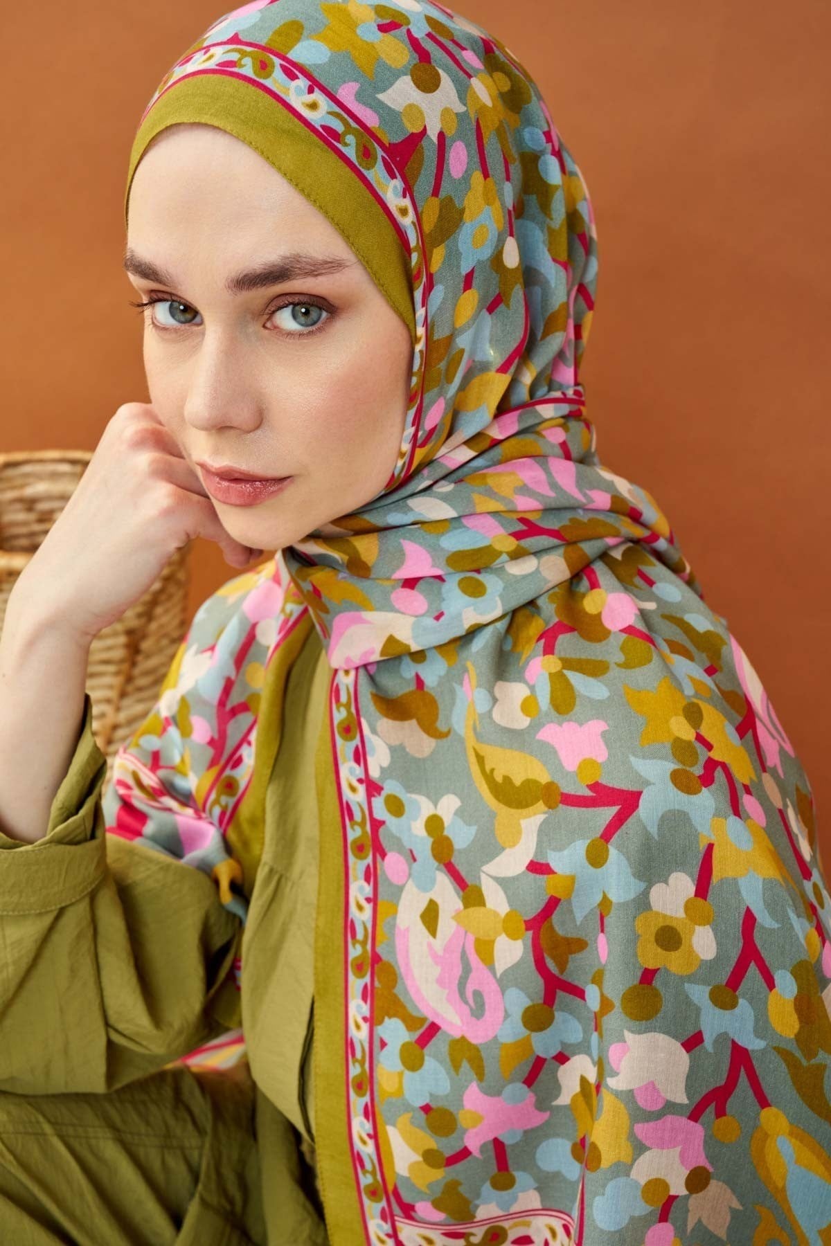 Riva Şal Tencel Botanical Floral Yağ Yeşili