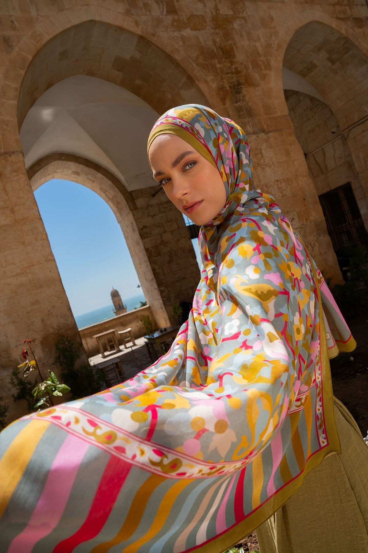 Riva Şal Tencel Botanical Floral Yağ Yeşili