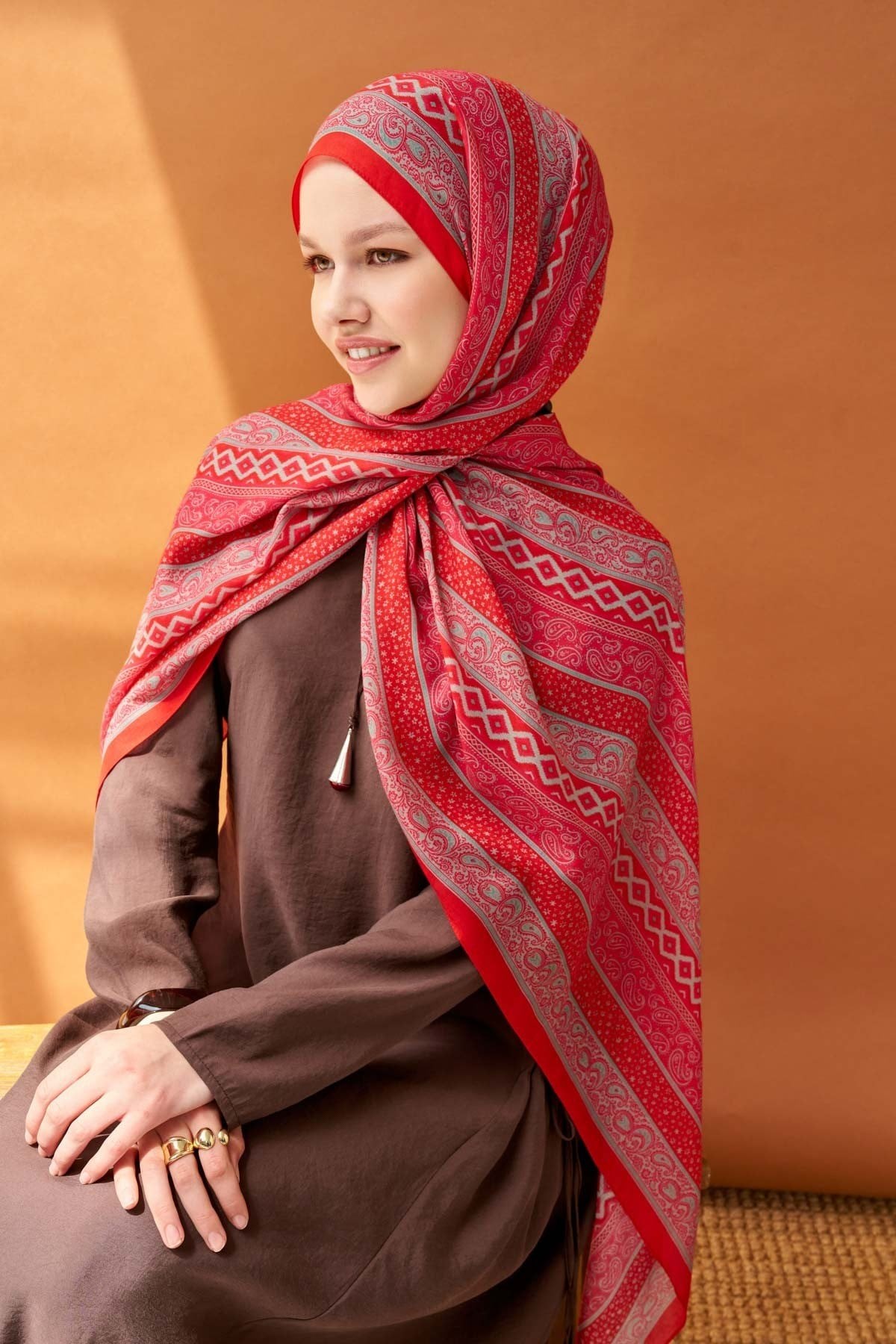 Riva Şal Tencel Ethnic Way Bayrak Kırmızısı