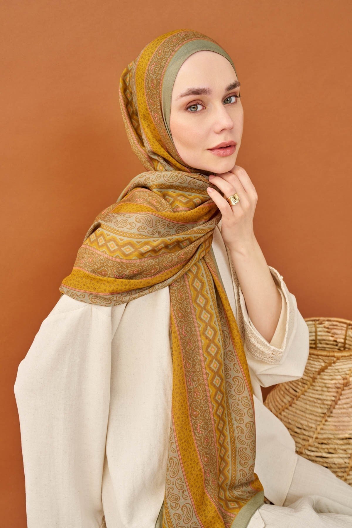 Riva Şal Tencel Ethnic Way Koyu Hardal