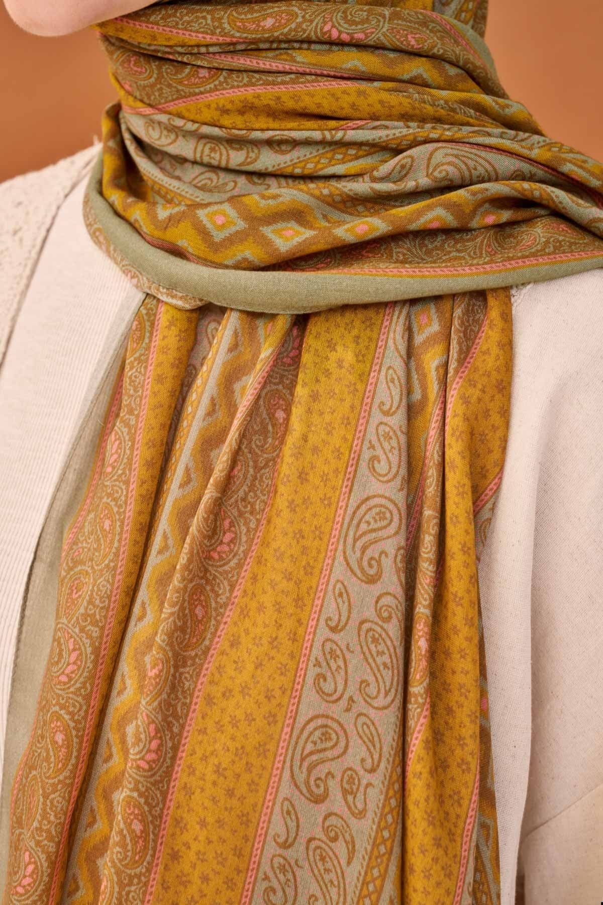 Riva Şal Tencel Ethnic Way Koyu Hardal
