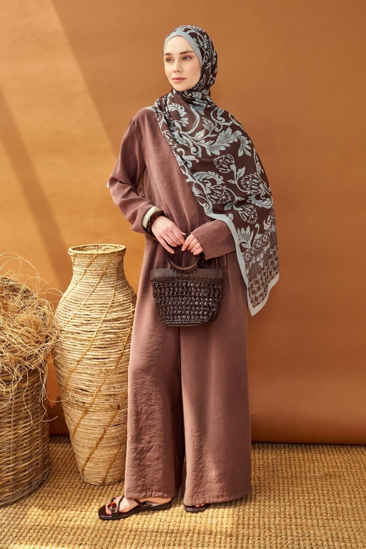 Riva Şal Tencel Floral Acı Kahve