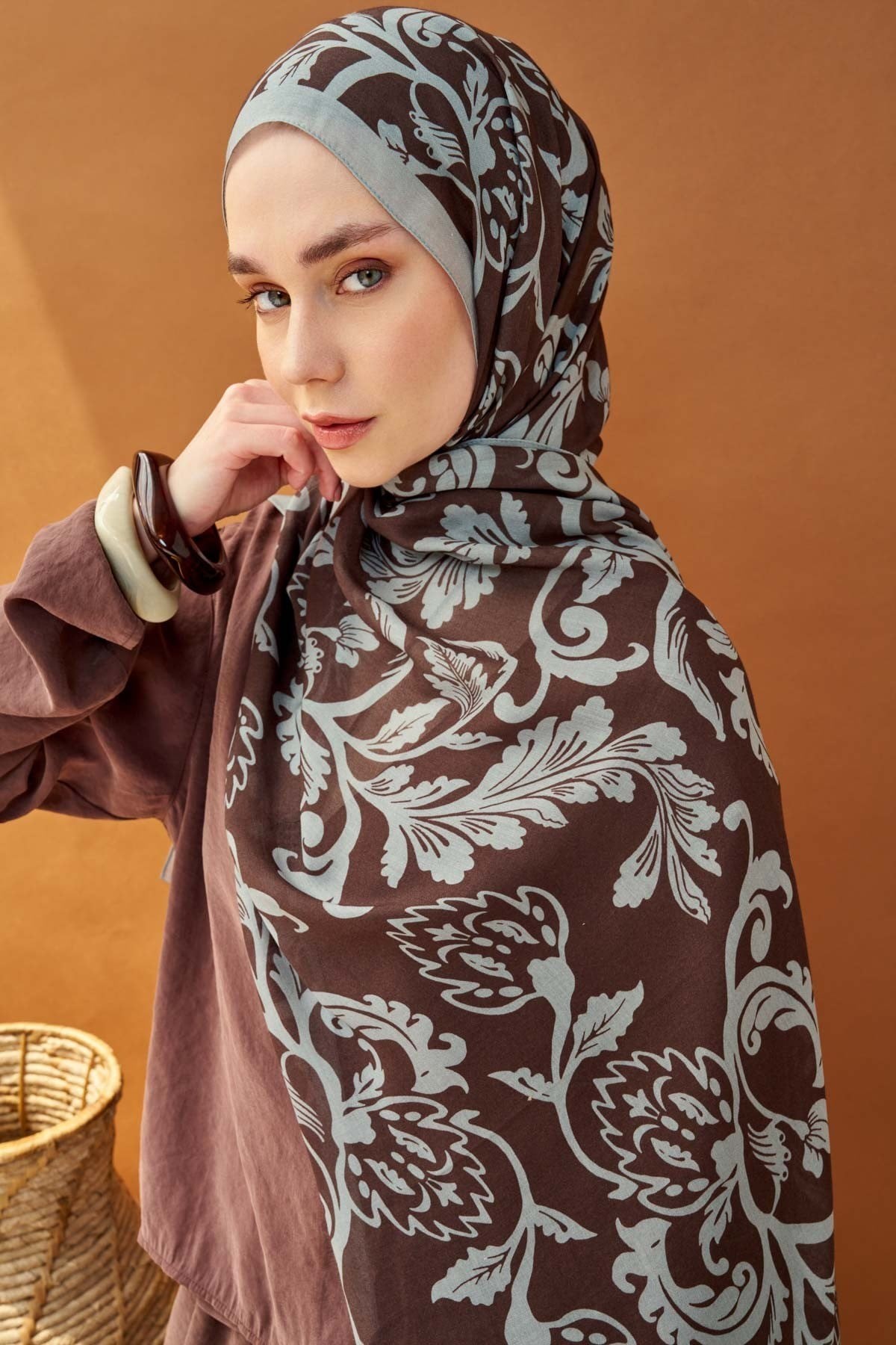 Riva Şal Tencel Floral Acı Kahve