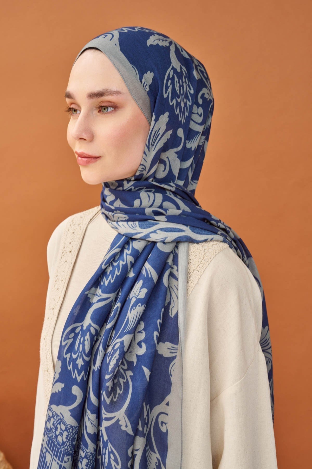 Riva Şal Tencel Floral Gece Mavisi