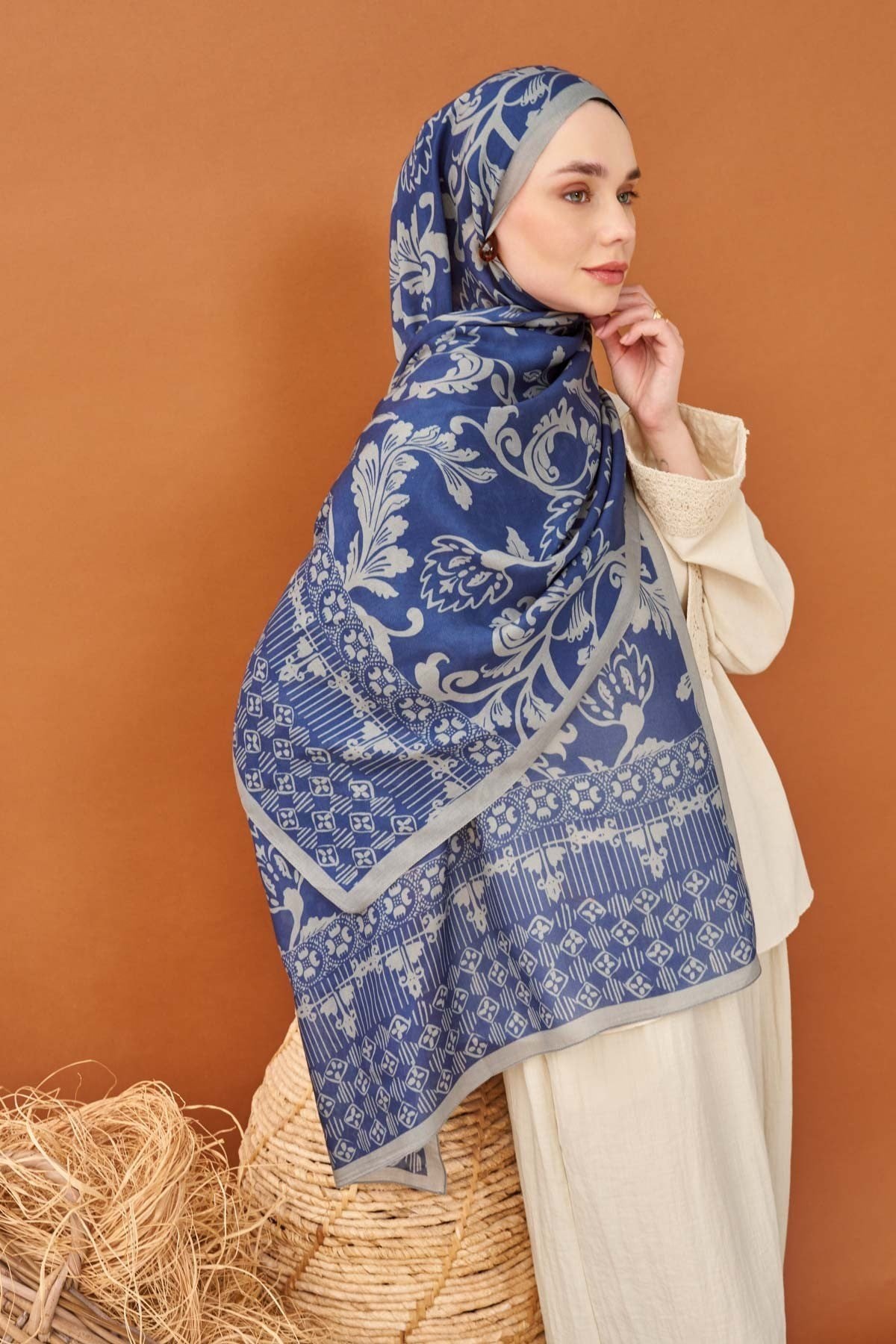 Riva Şal Tencel Floral Gece Mavisi