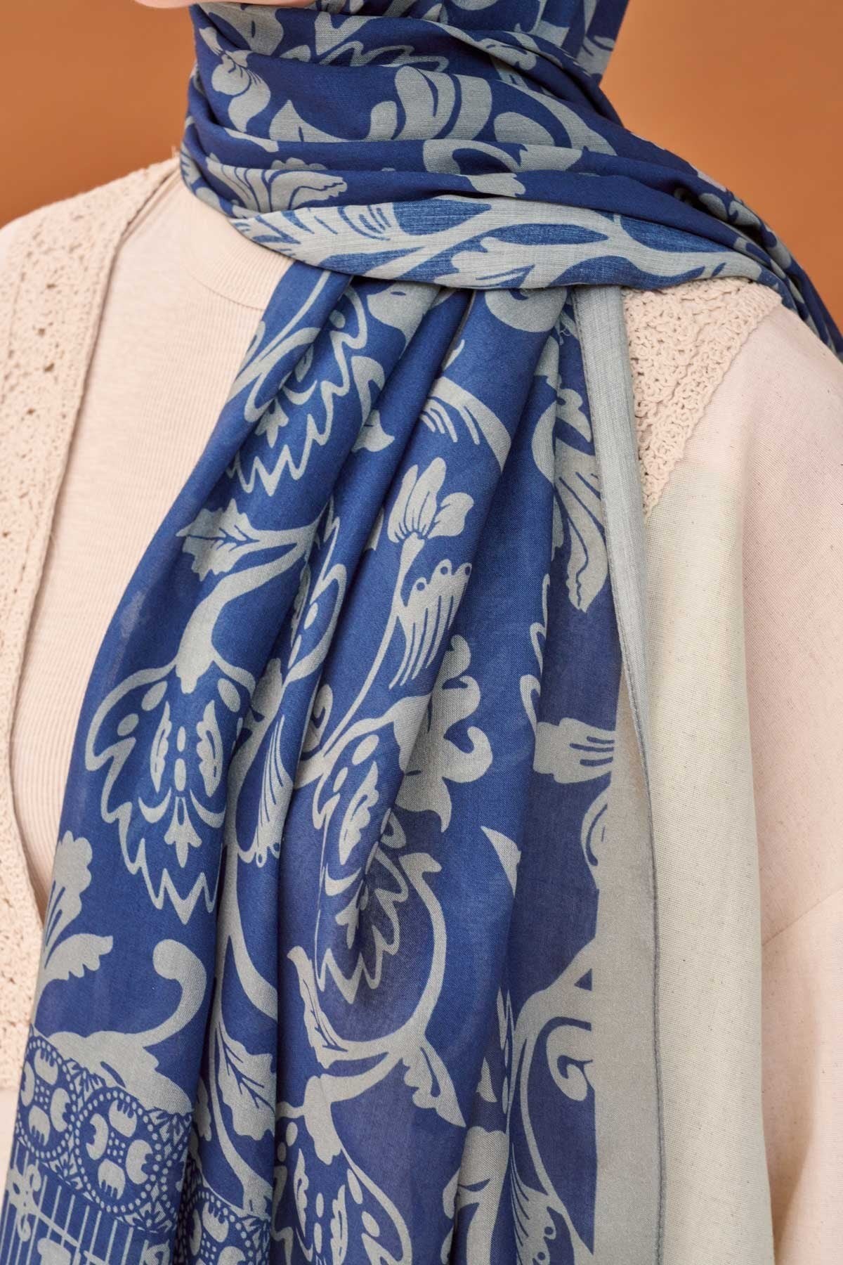 Riva Şal Tencel Floral Gece Mavisi