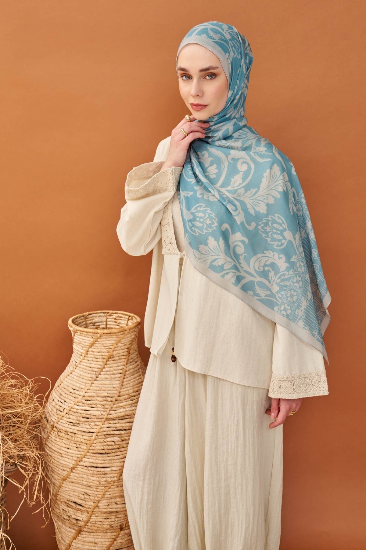 Riva Şal Tencel Floral Gök Mavisi