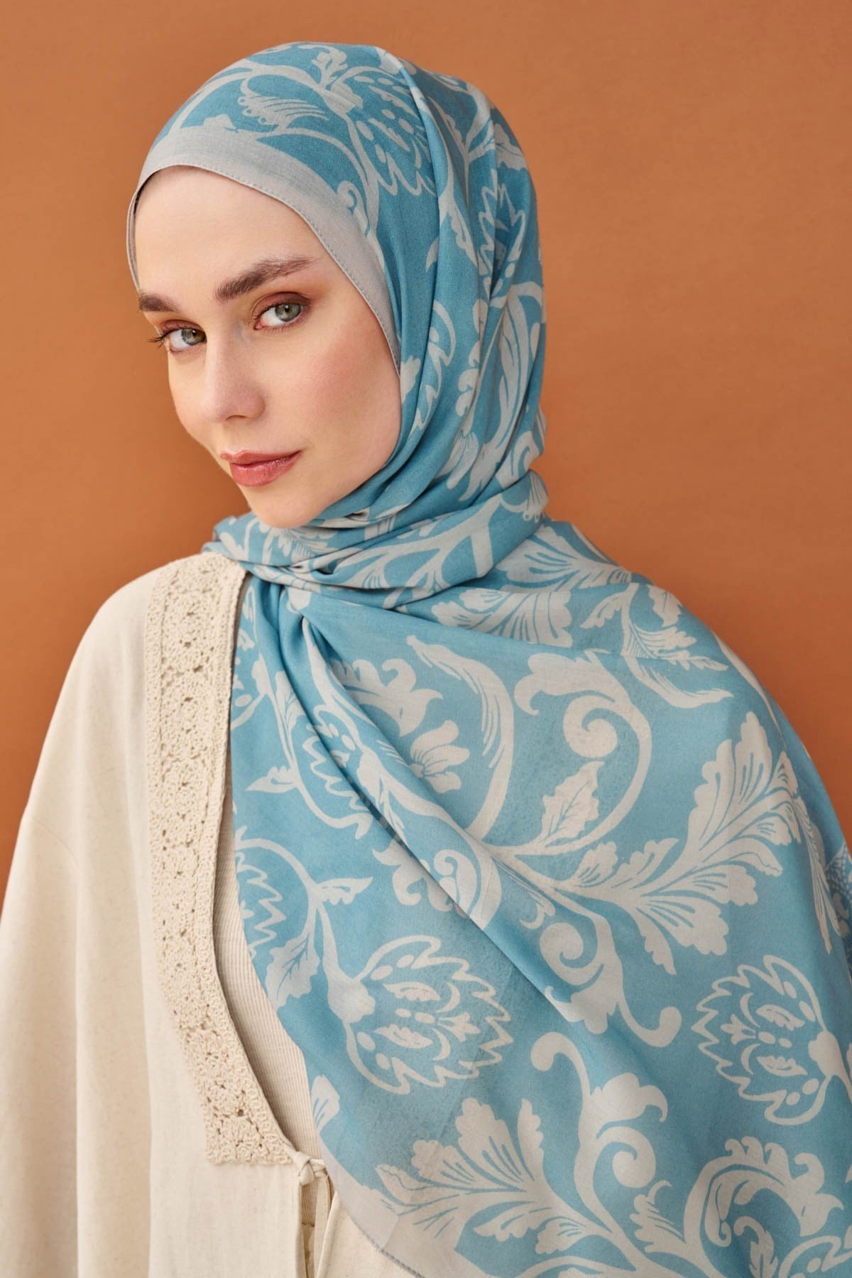 Riva Şal Tencel Floral Gök Mavisi
