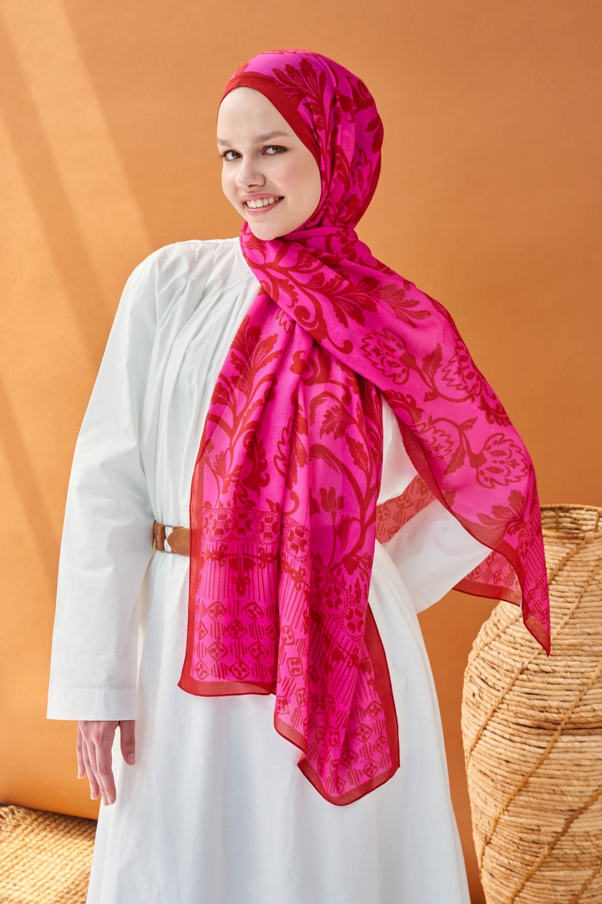 Riva Şal Tencel Floral Koyu Pembe