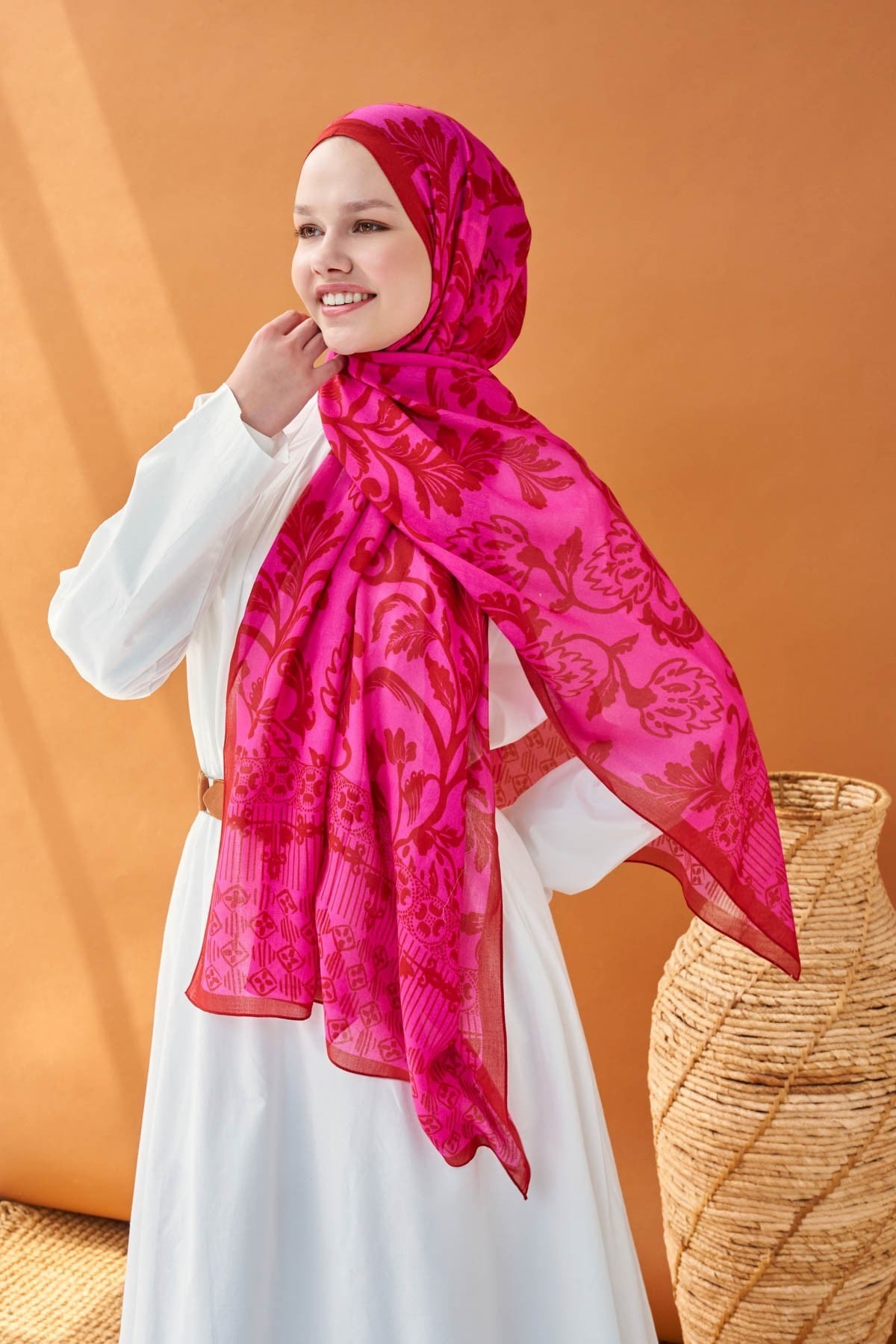 Riva Şal Tencel Floral Koyu Pembe