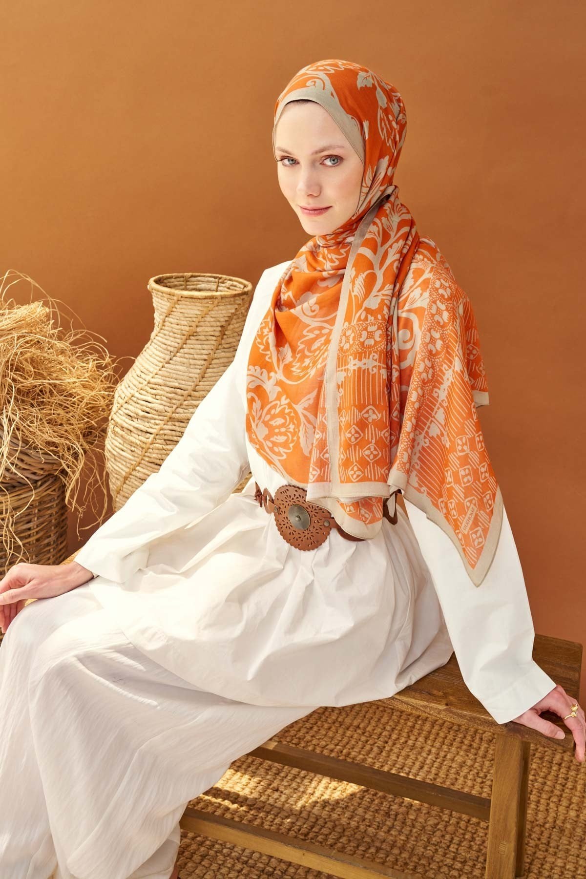 Riva Şal Tencel Floral Turuncu