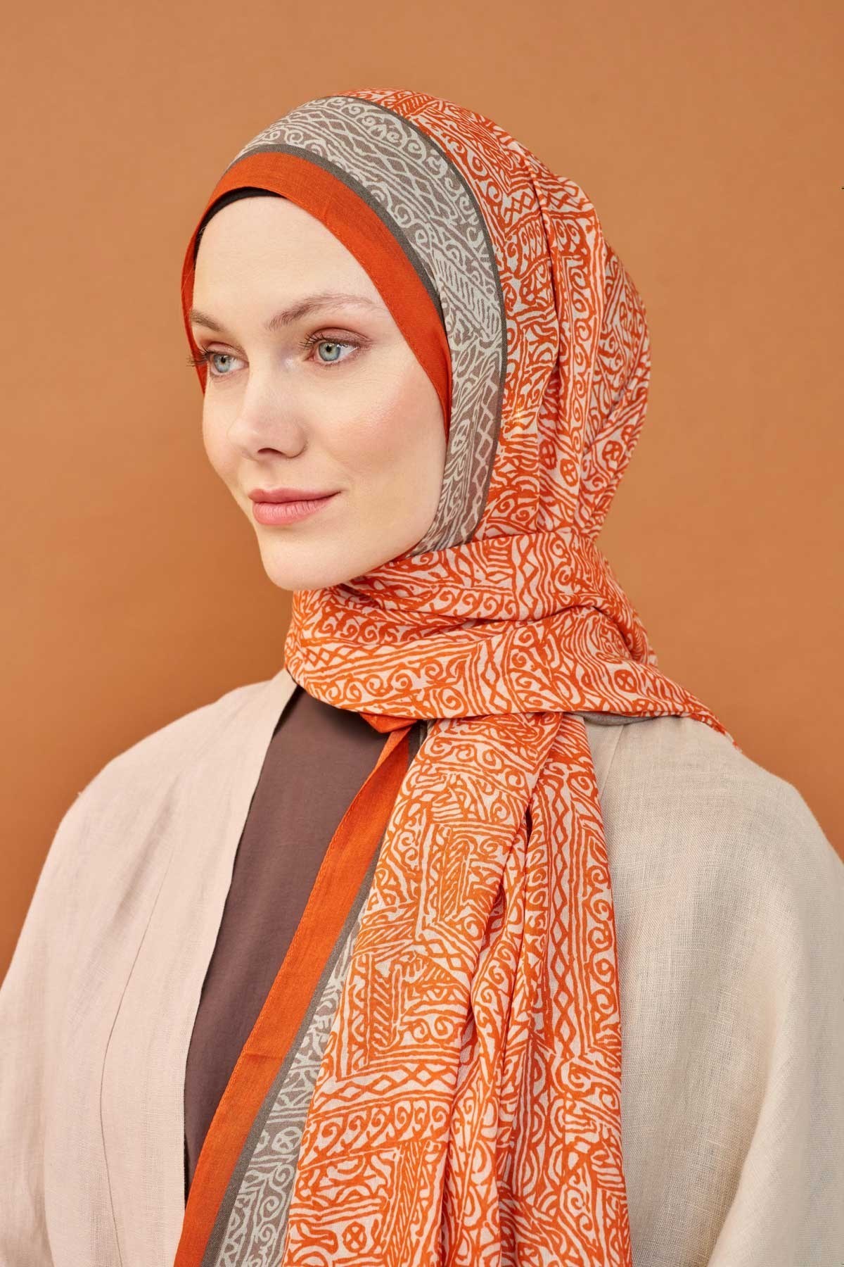 Riva Şal Tencel Güpür Desen Açık Turuncu