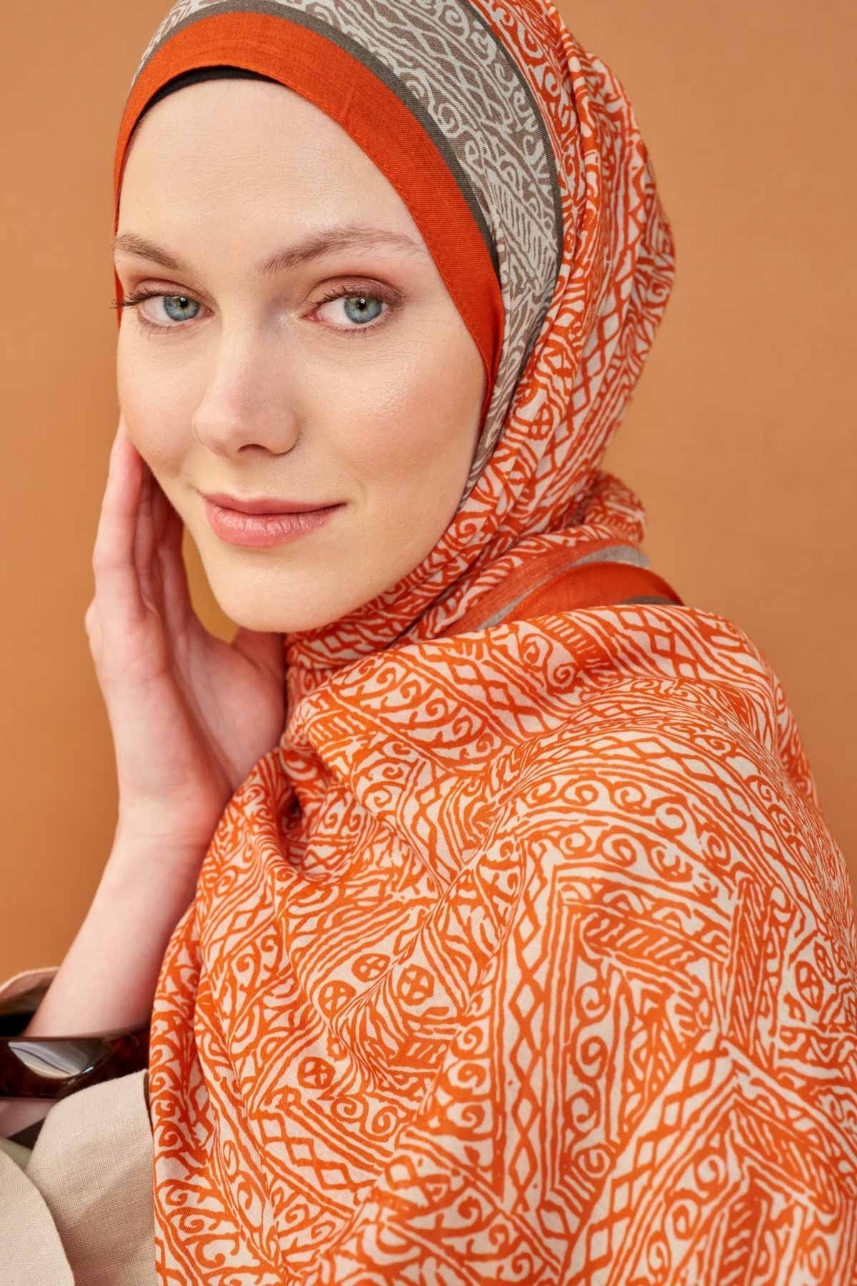 Riva Şal Tencel Güpür Desen Açık Turuncu