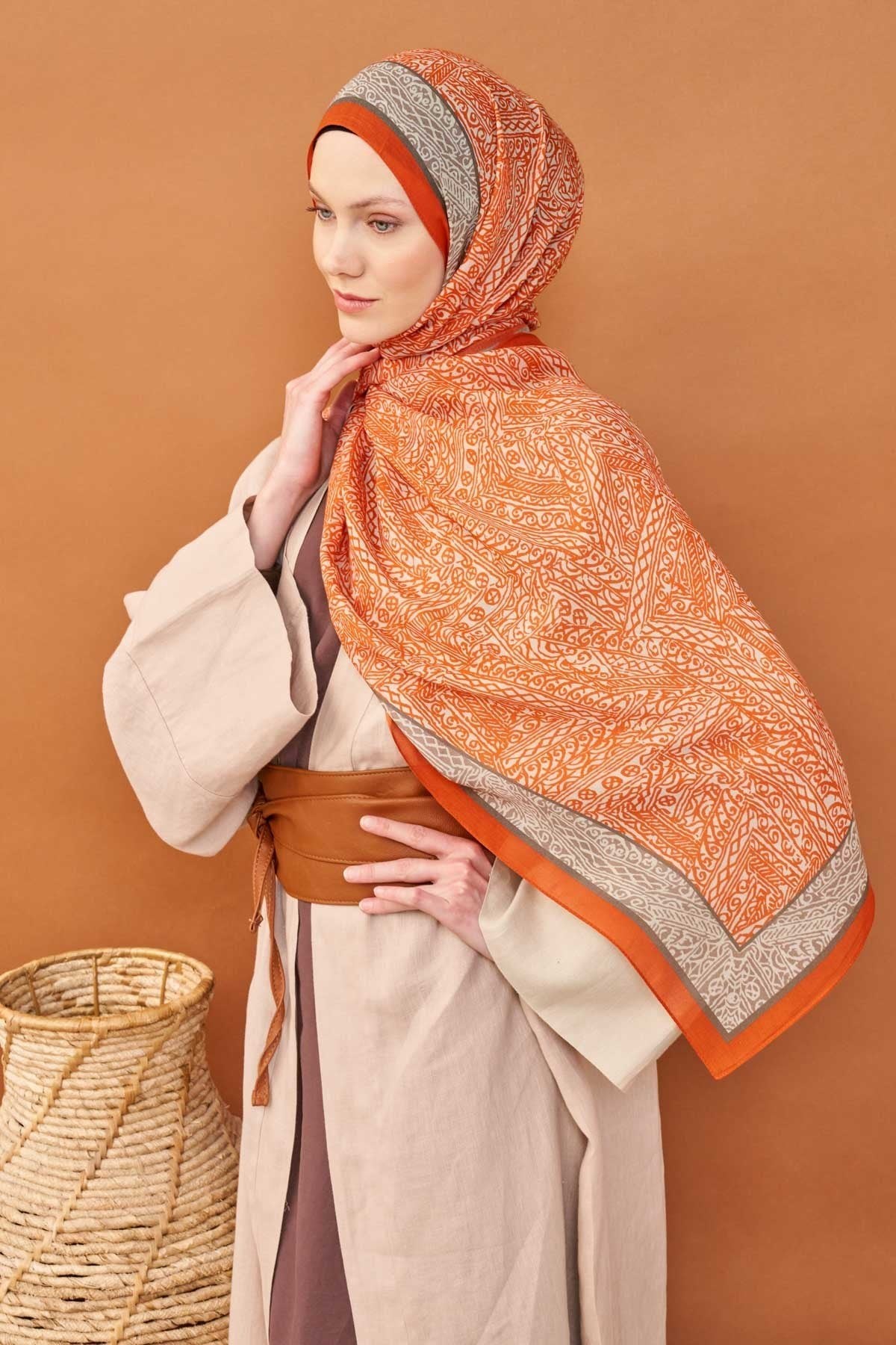 Riva Şal Tencel Güpür Desen Açık Turuncu