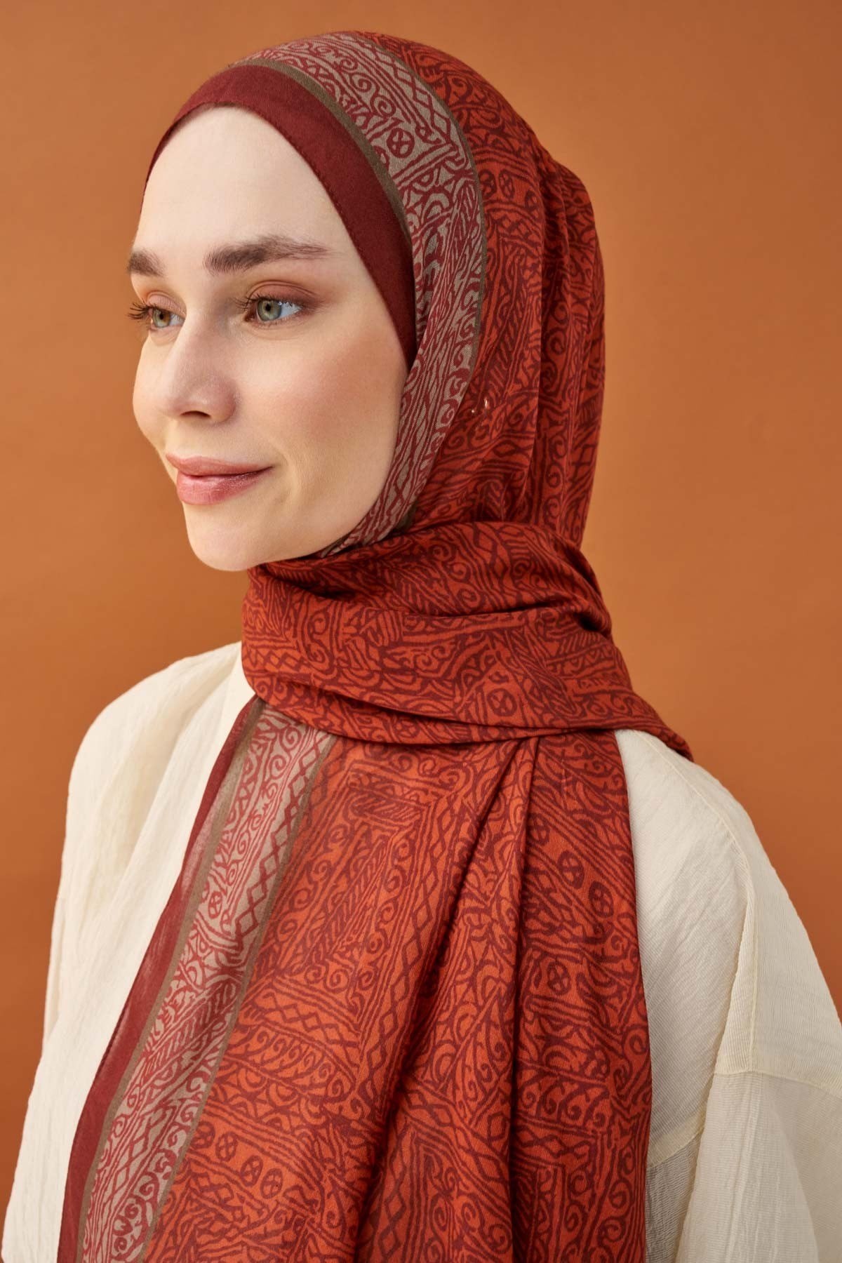 Riva Şal Tencel Güpür Desen Koyu Turuncu