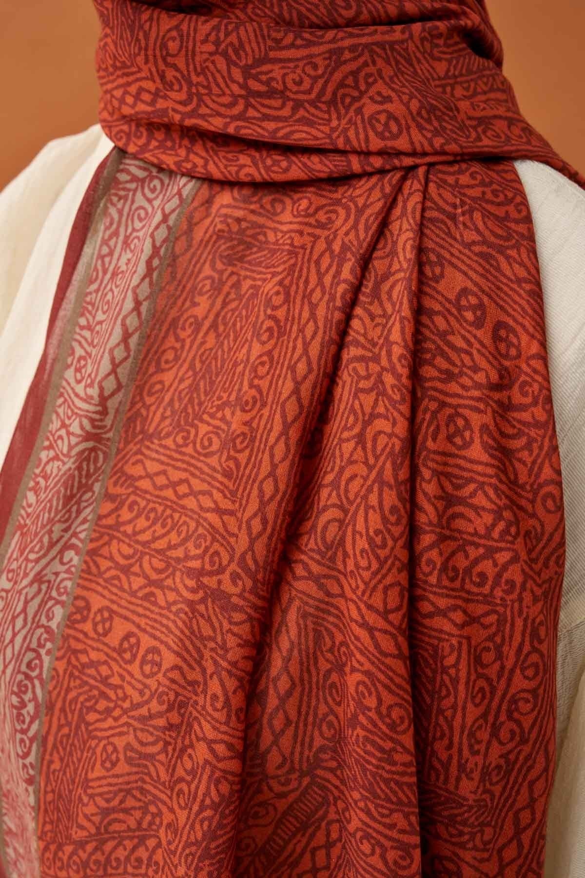 Riva Şal Tencel Güpür Desen Koyu Turuncu