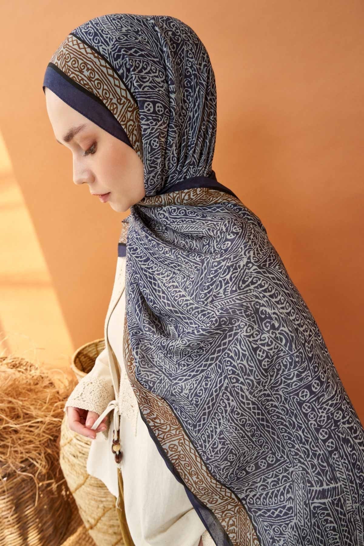 Riva Şal Tencel Güpür Desen Lacivert
