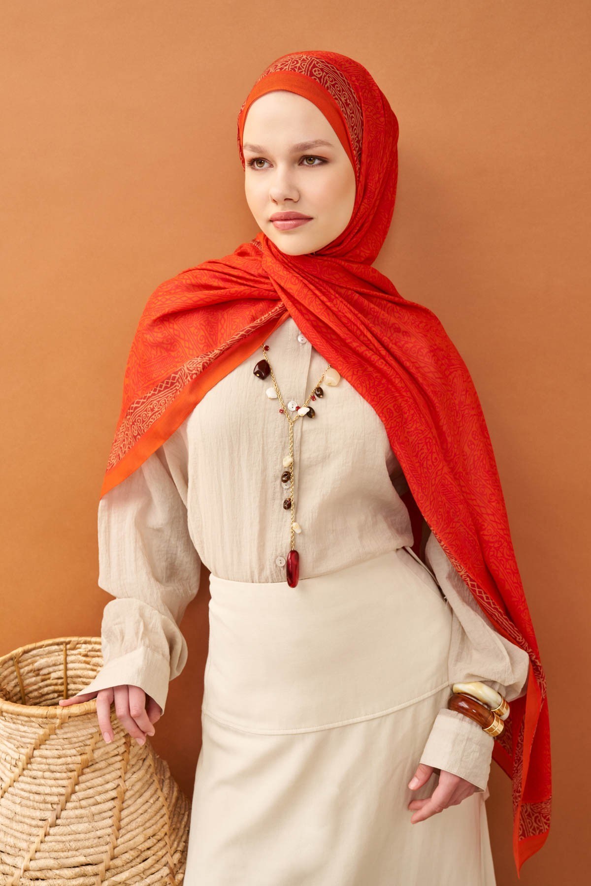 Riva Şal Tencel Güpür Desen Turuncu
