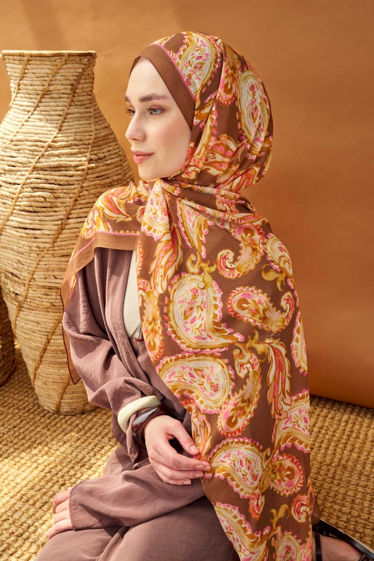 Riva Şal Tencel Paisley Kahverengi