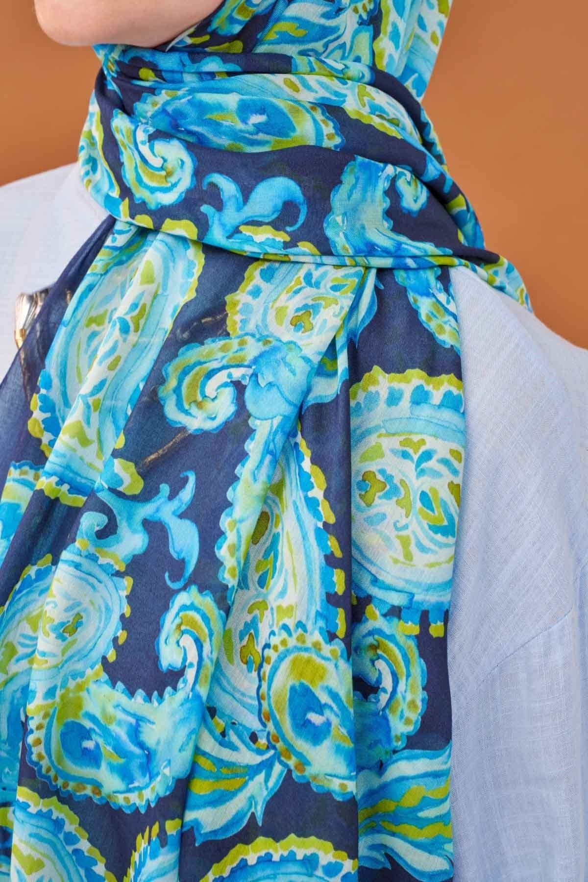 Riva Şal Tencel Paisley Lacivert