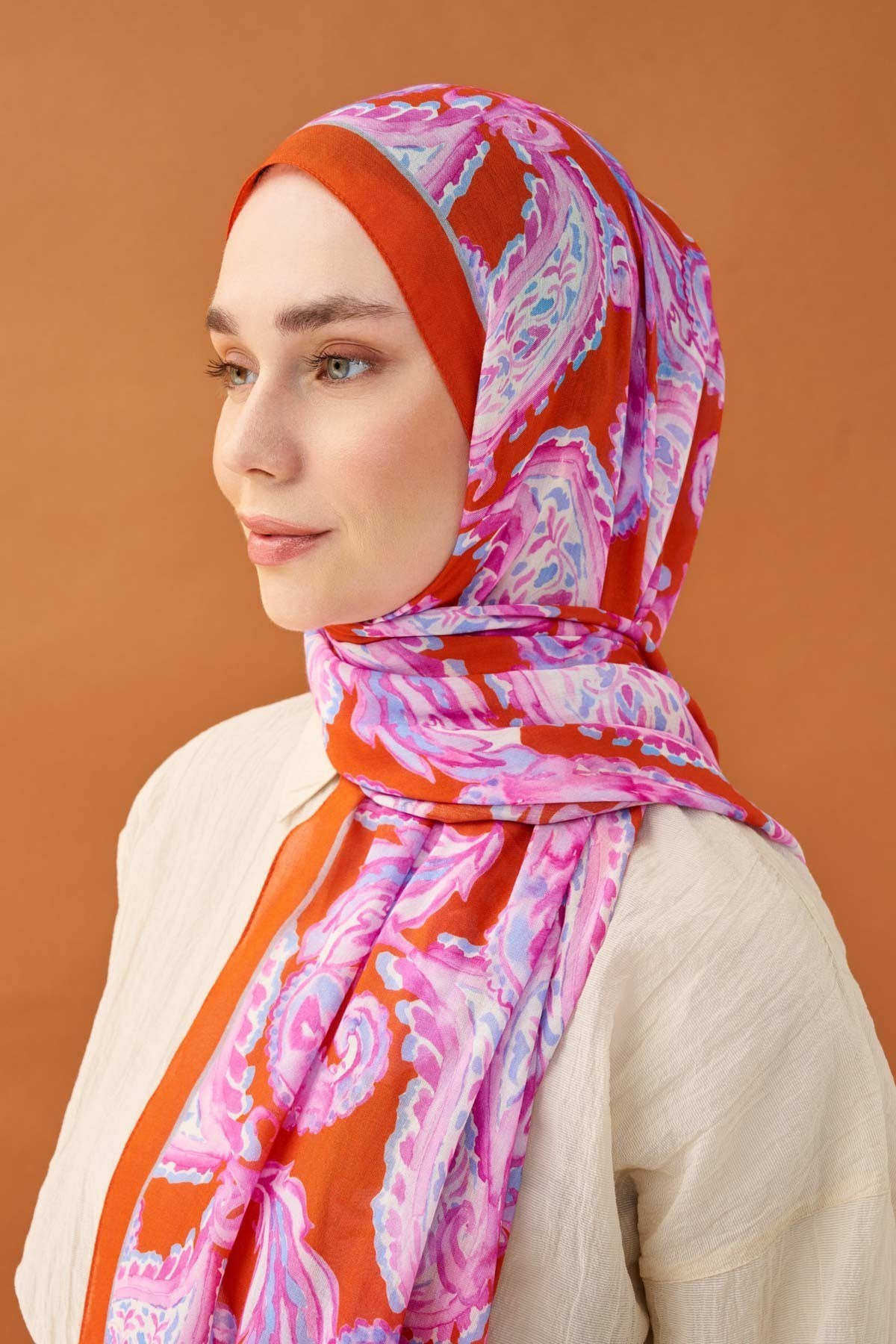 Riva Şal Tencel Paisley Turuncu