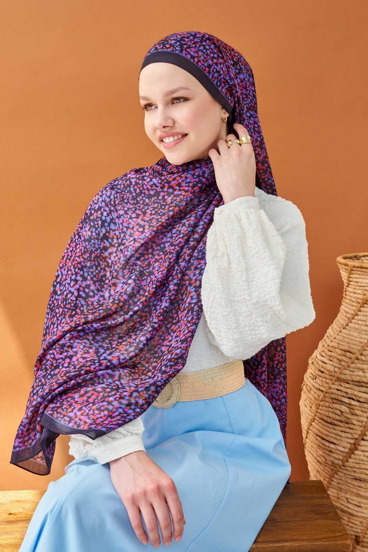 Riva Şal Tencel Secret Garden Lacivert