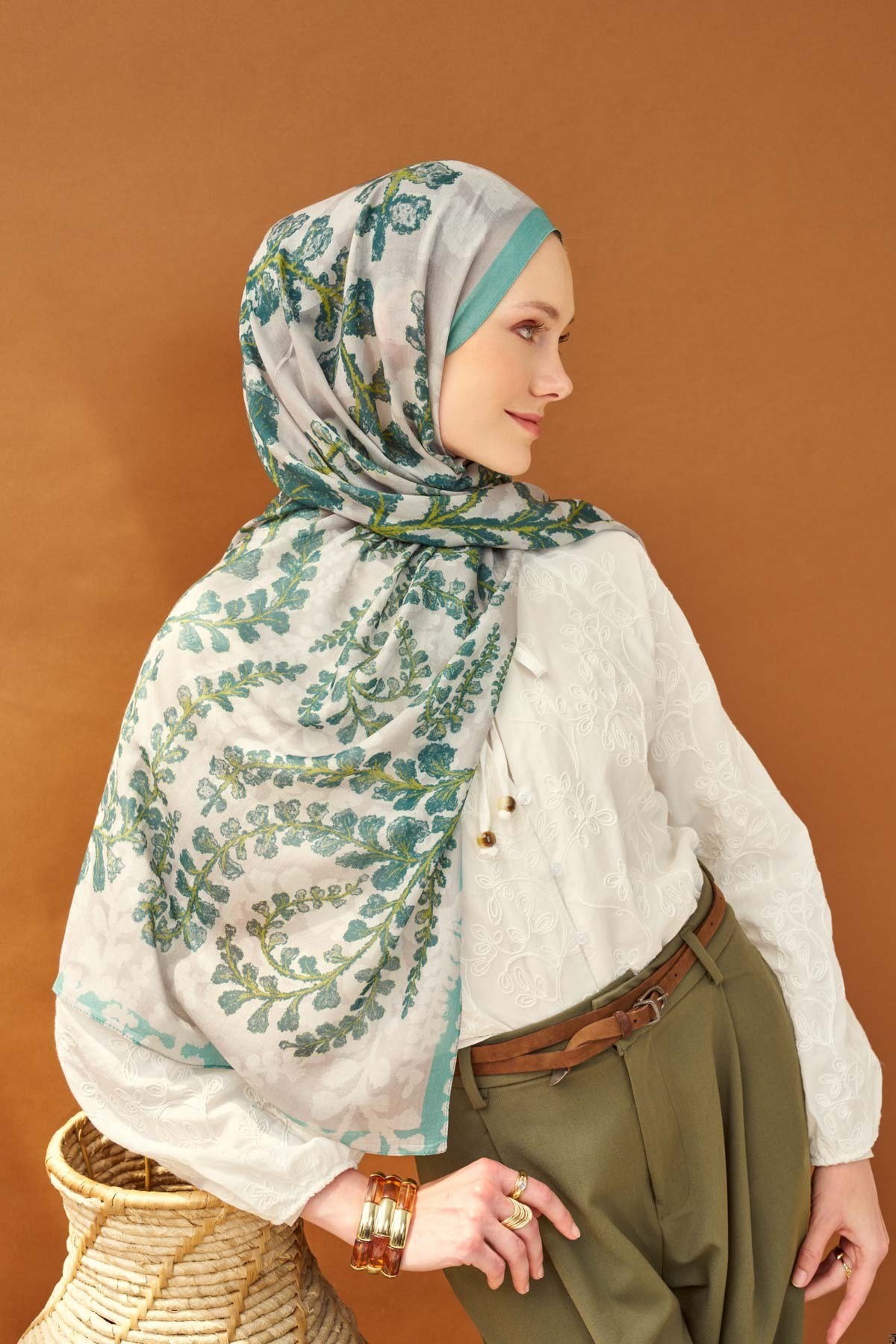 Riva Şal Tencel Spring Blossoms Koyu Gri