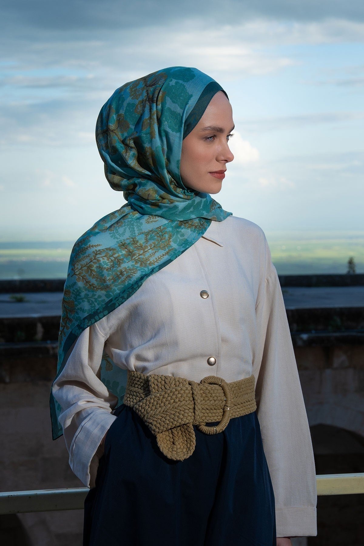 Riva Şal Tencel Spring Blossoms Mint Yeşili