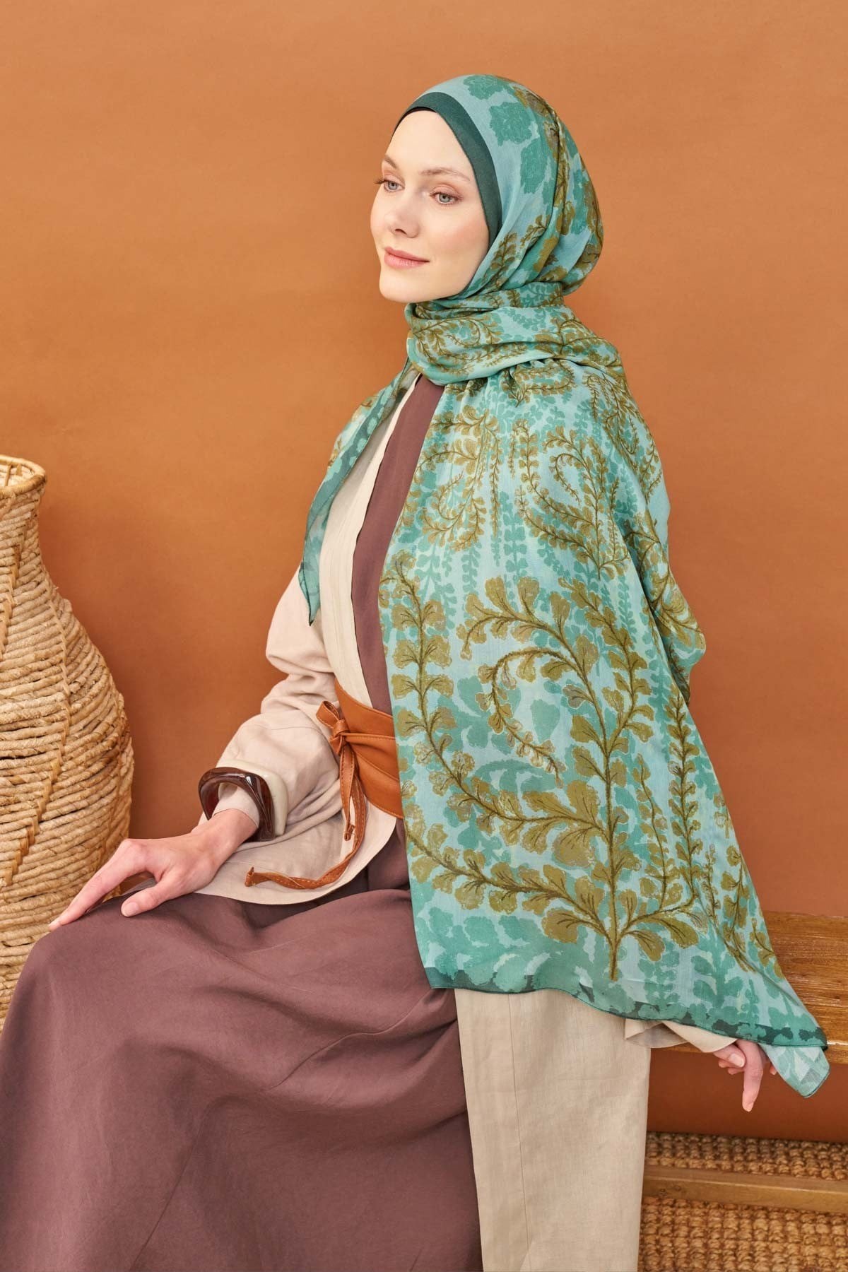 Riva Şal Tencel Spring Blossoms Mint Yeşili