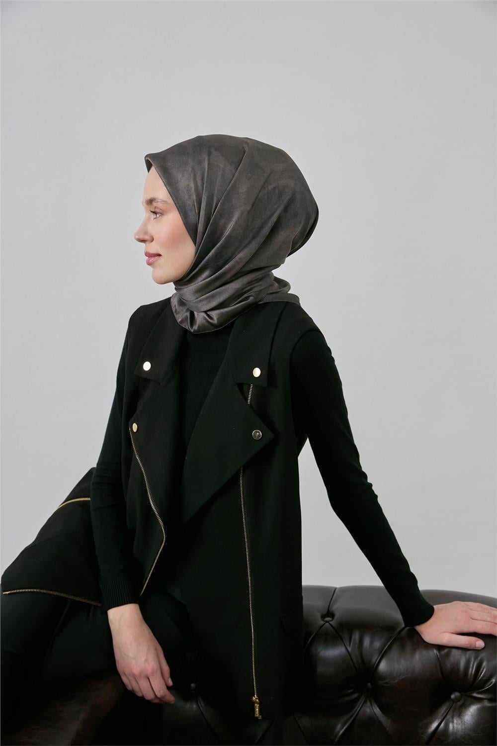 Shiny Dokulu Eşarp Füme Etnik Geçişli Parlak Su Tutmaz 90x90