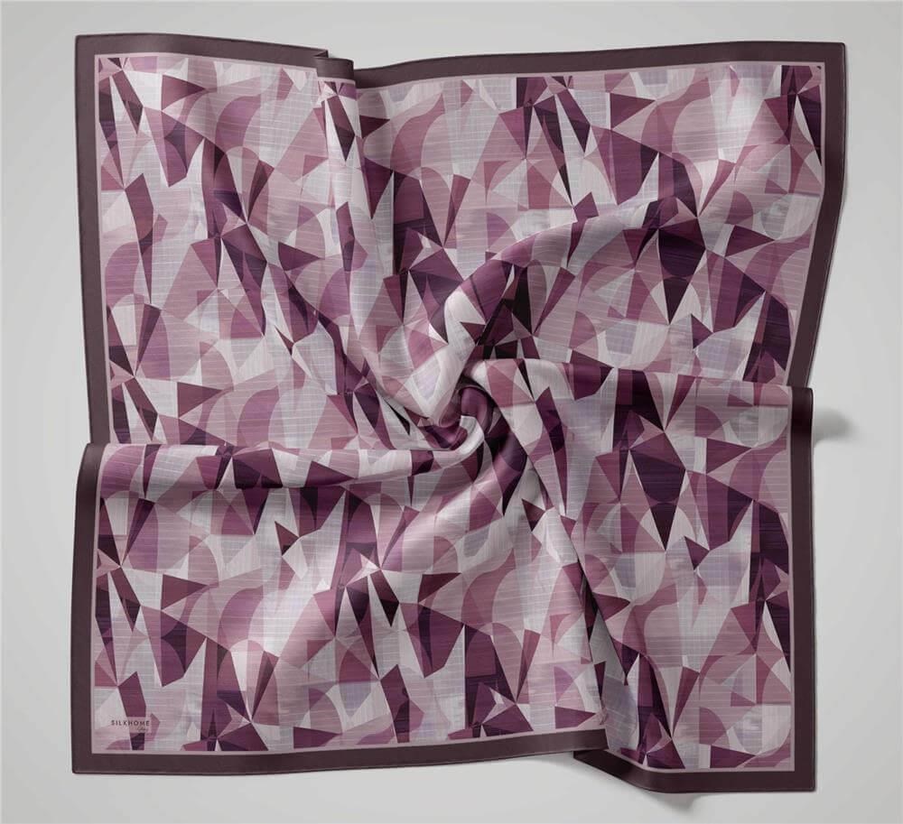 Shiny Dokulu Eşarp Füme Mor-Pudra Tonlu Geometrik Desenli Su Tutmaz Parlak 90x90