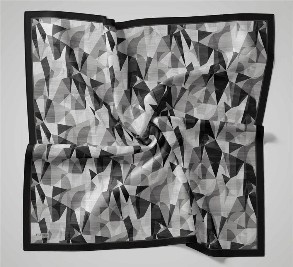 Shiny Dokulu Eşarp Koyu Lacivert Gri Geometrik Desenli Su Tutmaz Parlak 90x90