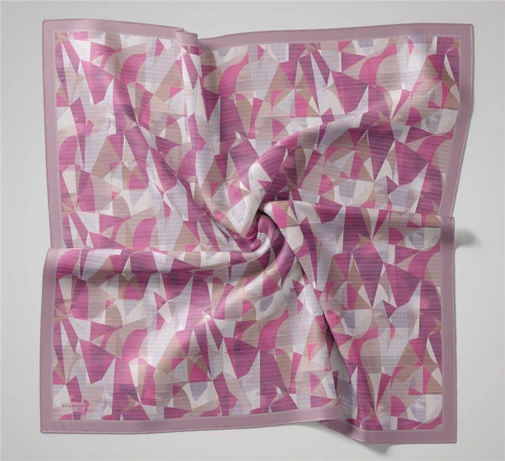 Shiny Dokulu Eşarp Lila Gri Tonlu Geometrik Desenli Su Tutmaz Parlak 90x90