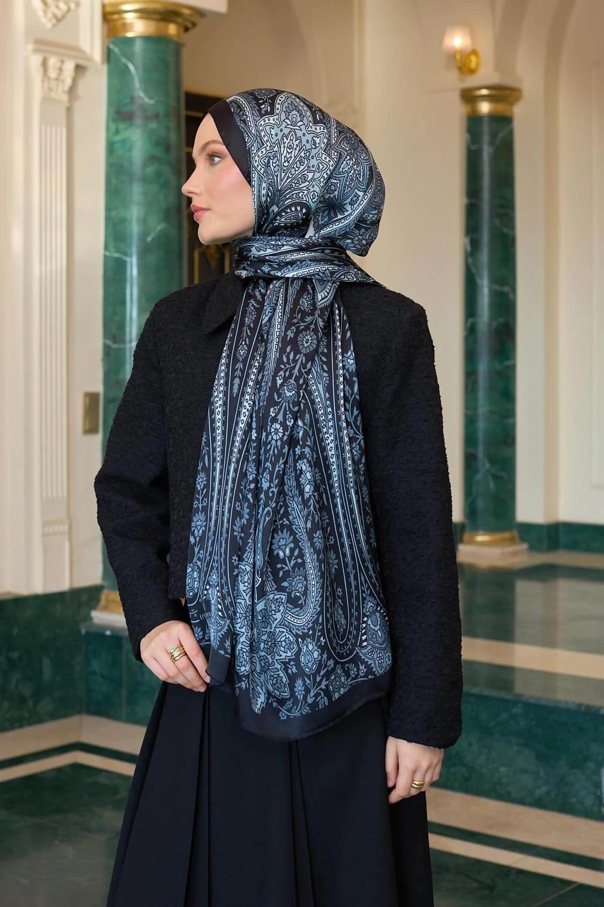 Siyah Gri Hint Vual Şal - 5009-10
