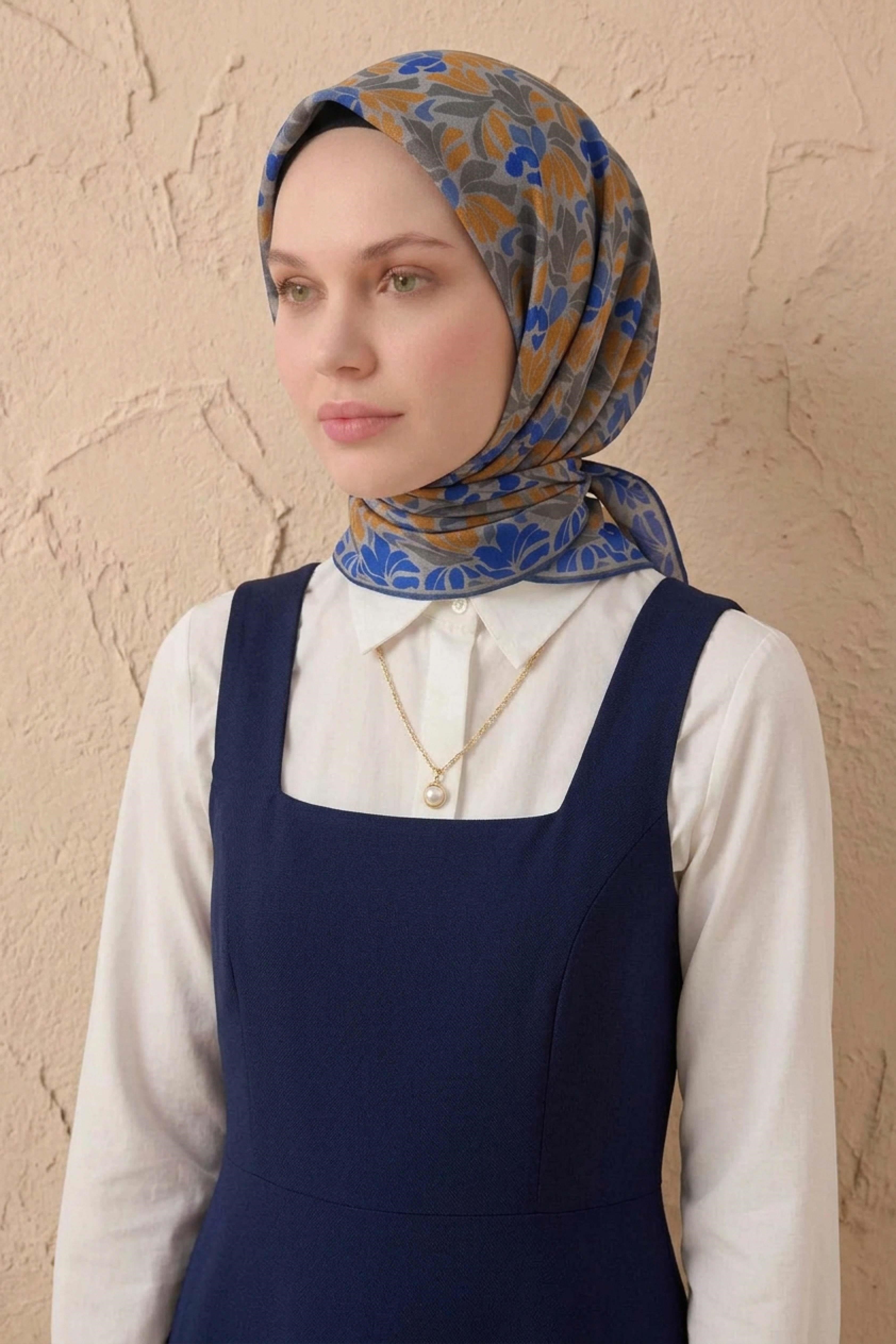 Soft Eşarp Floral Line Gri 90x90