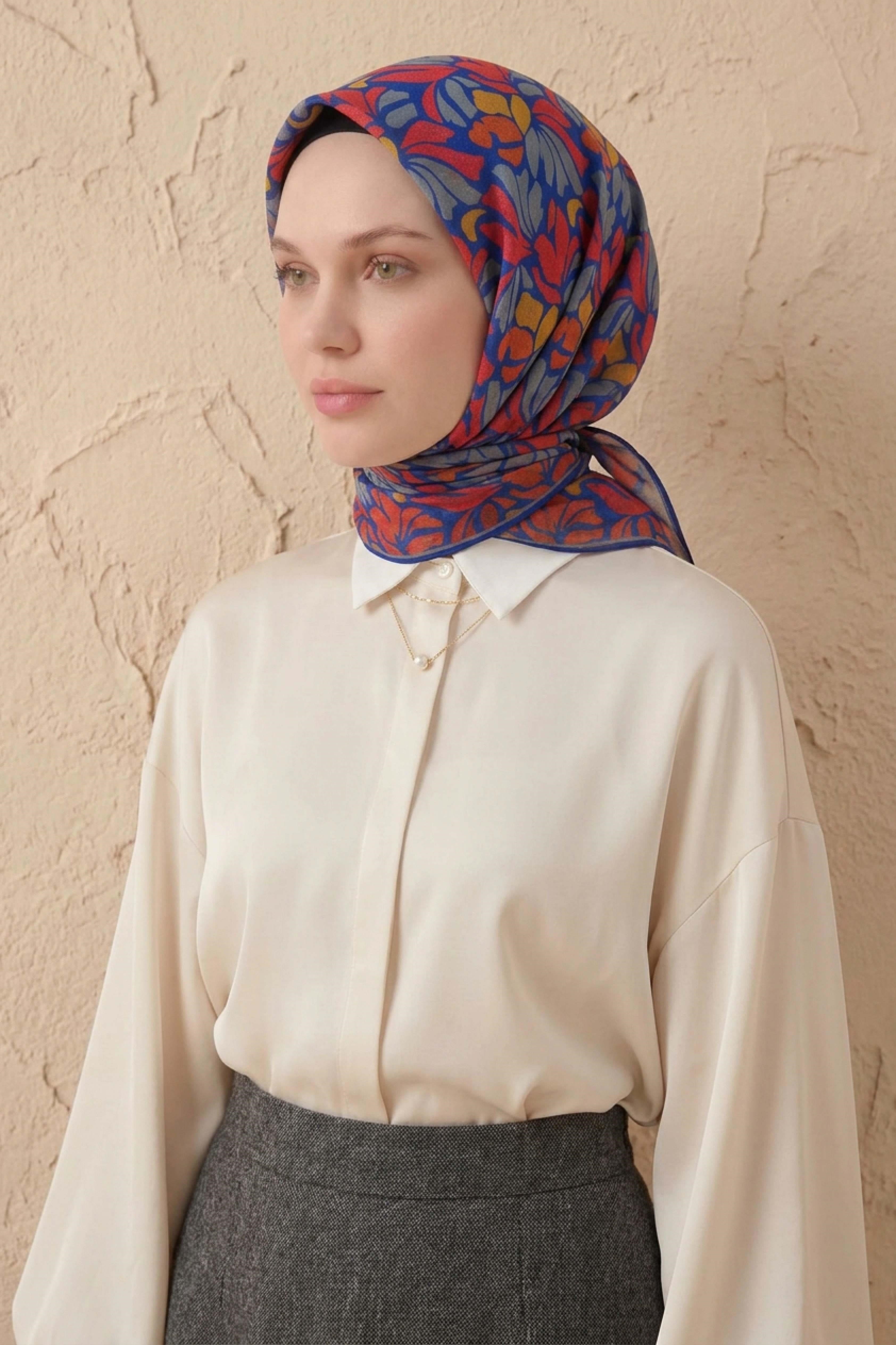 Soft Eşarp Floral Line Mavi 90x90