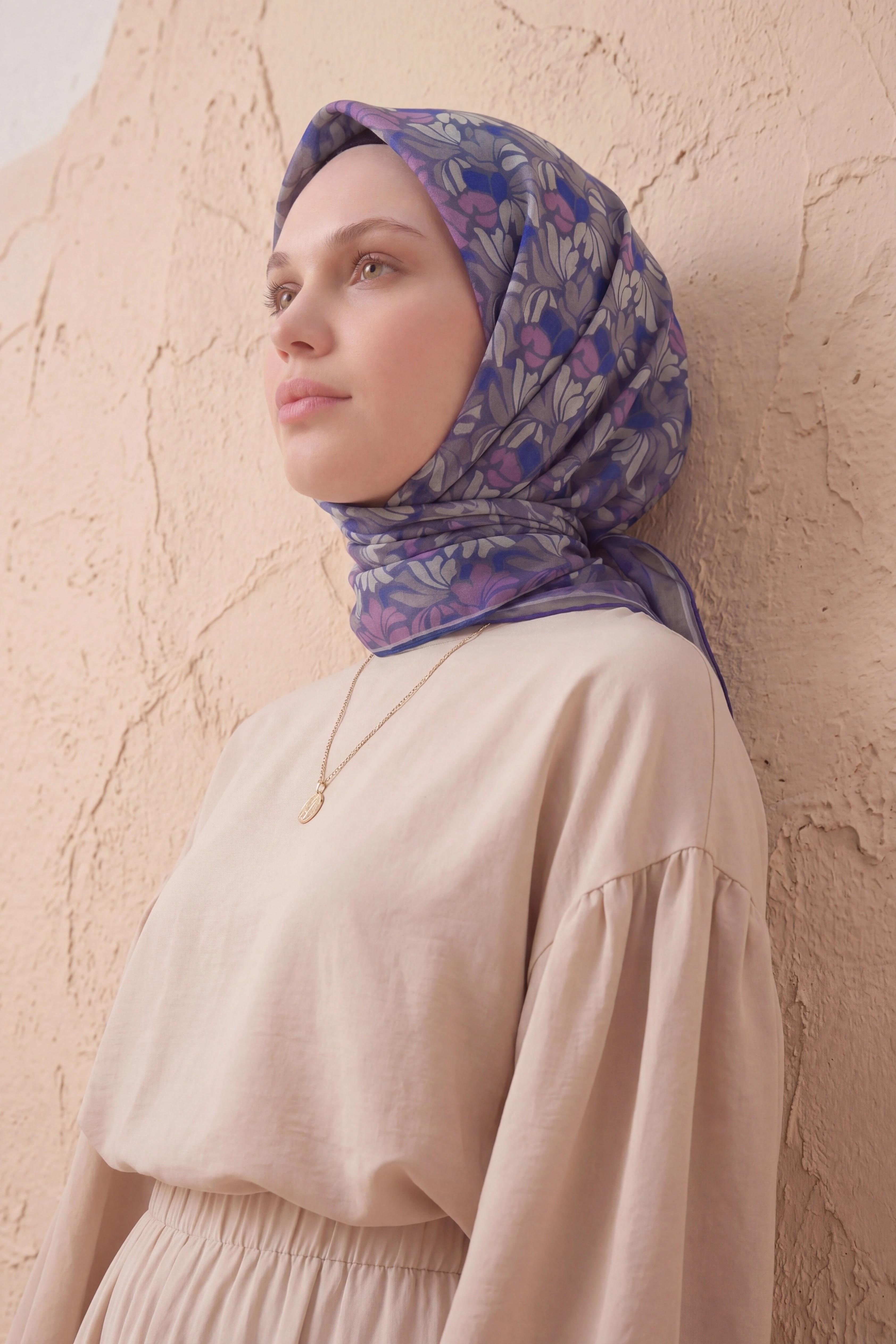 Soft Eşarp Floral Line Mor 90x90