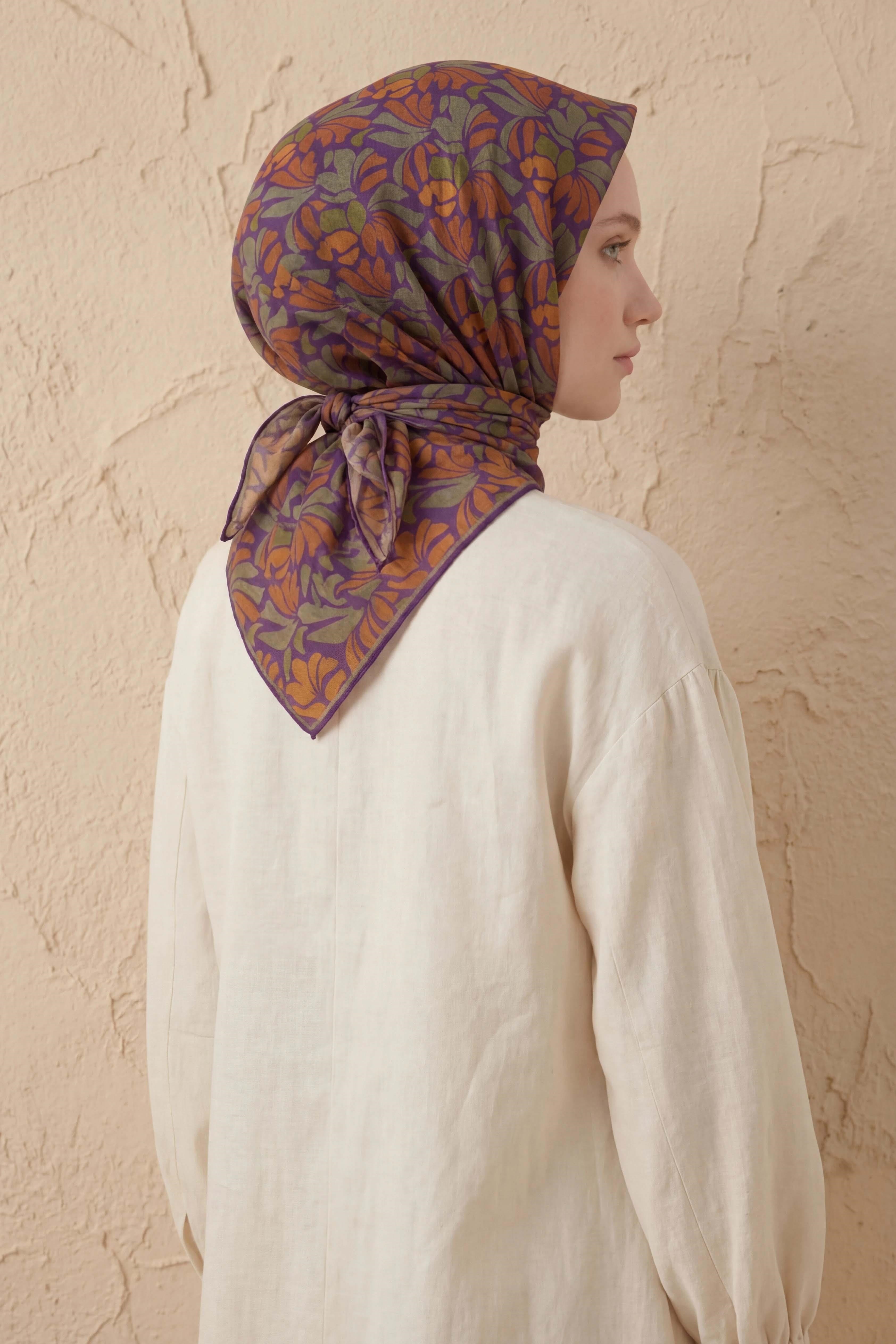 Soft Eşarp Floral Line Mor 90x90