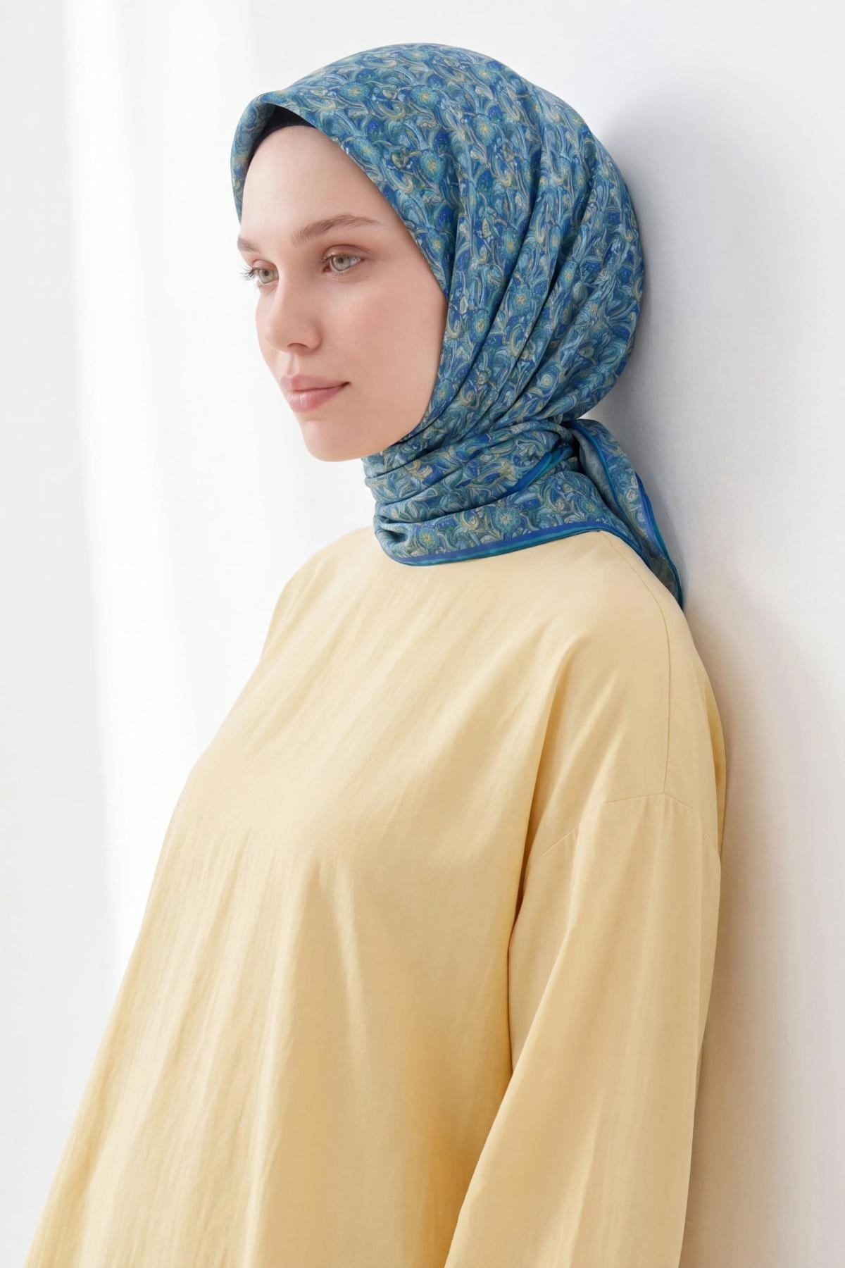 Soft Eşarp Garden Mavi Gri 90x90