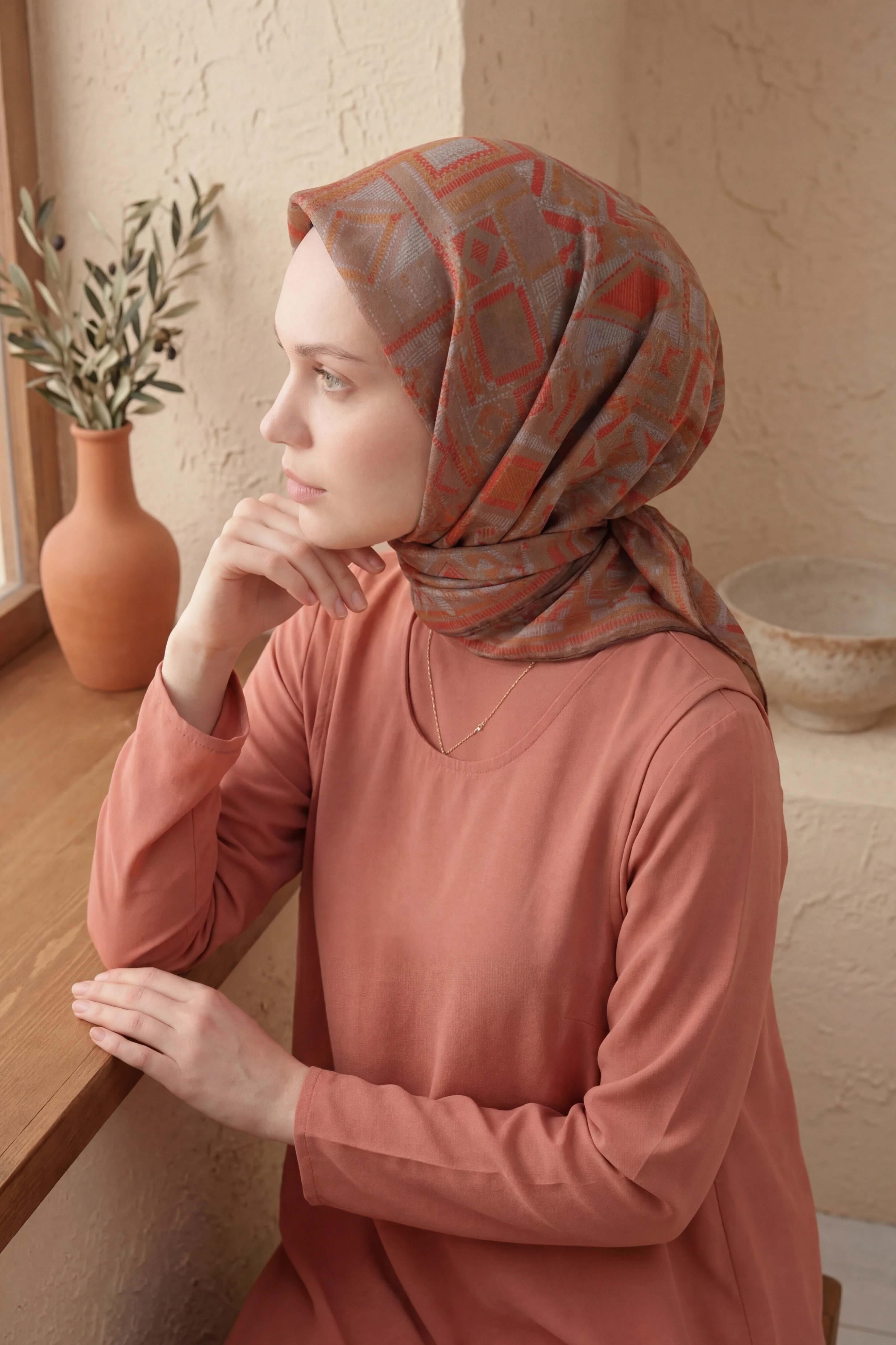 Soft Eşarp Geometrik Desen Uçuk Vizon 90x90