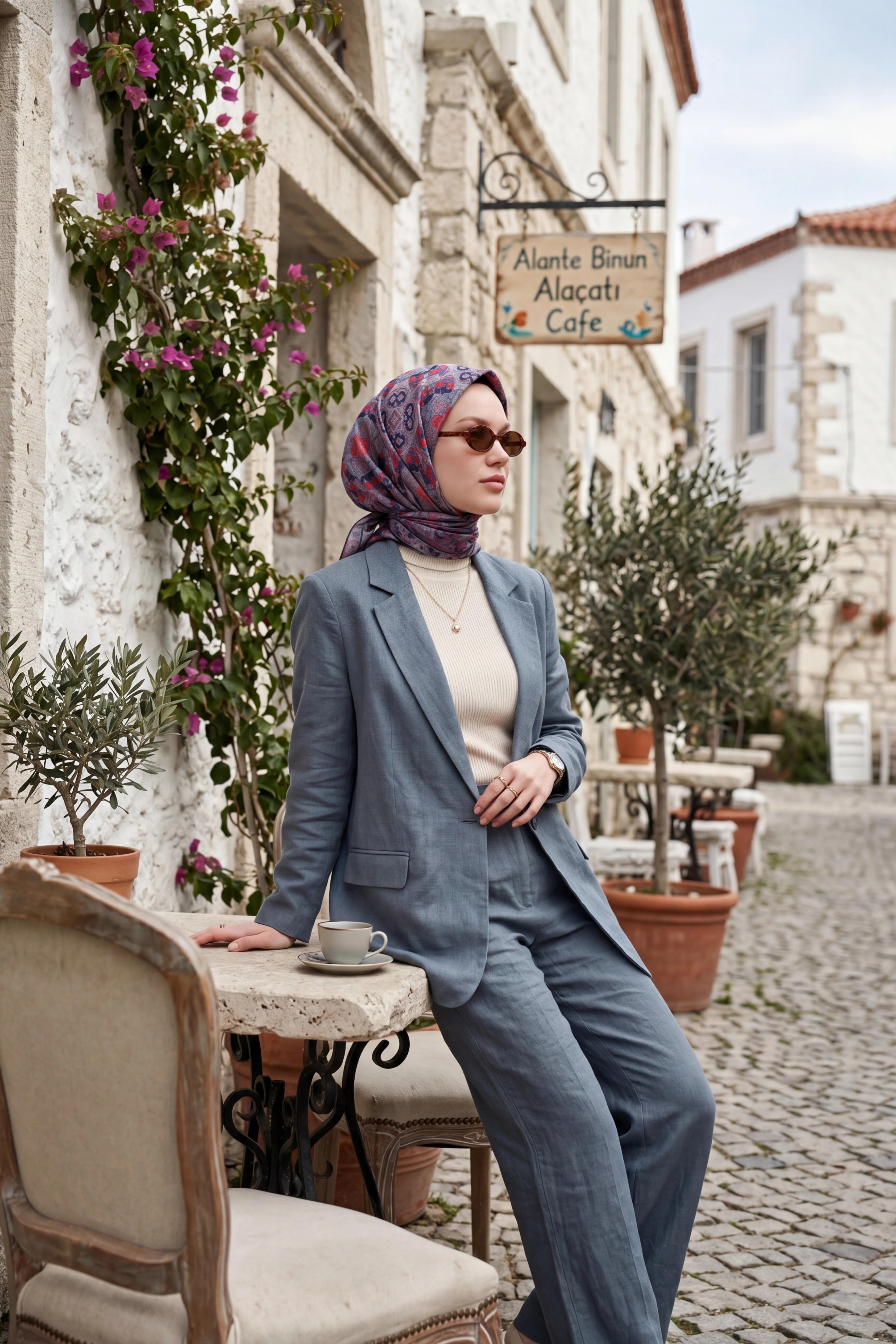 Soft Eşarp Geometrik Pudra Vizon 90x90