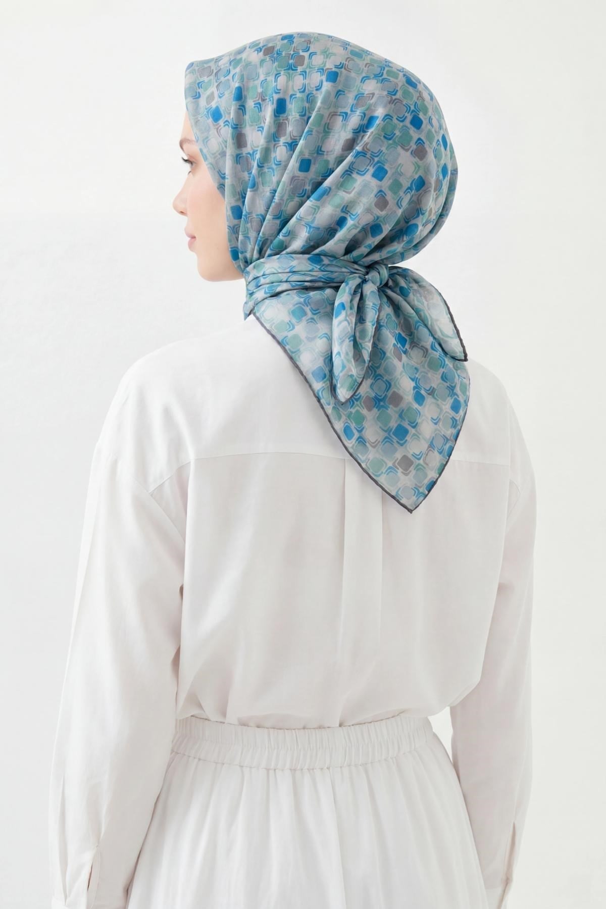 Soft Eşarp Retro Mozaik Turkuaz 90x90