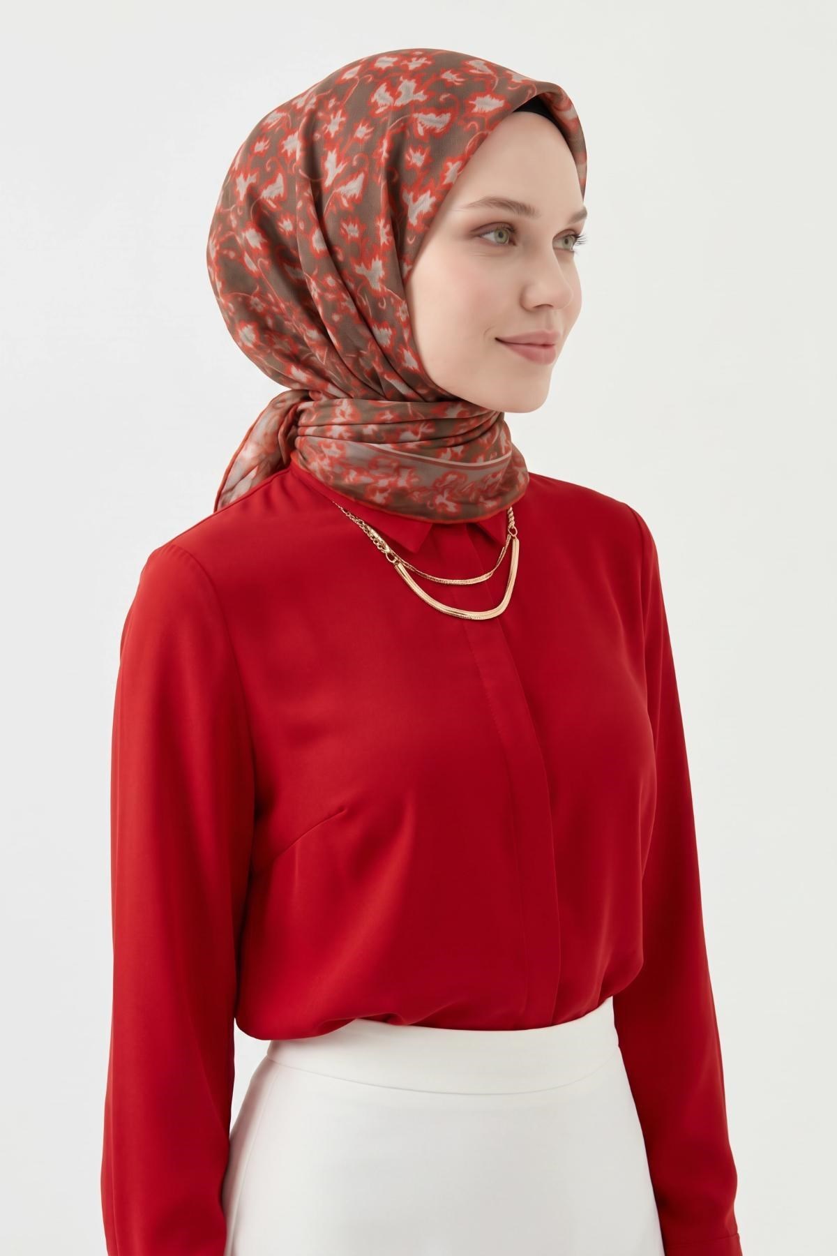 Soft Eşarp Yaprak Desen Kırmızı 90x90