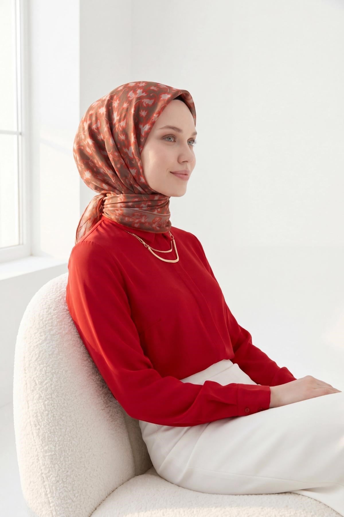 Soft Eşarp Yaprak Desen Kırmızı 90x90