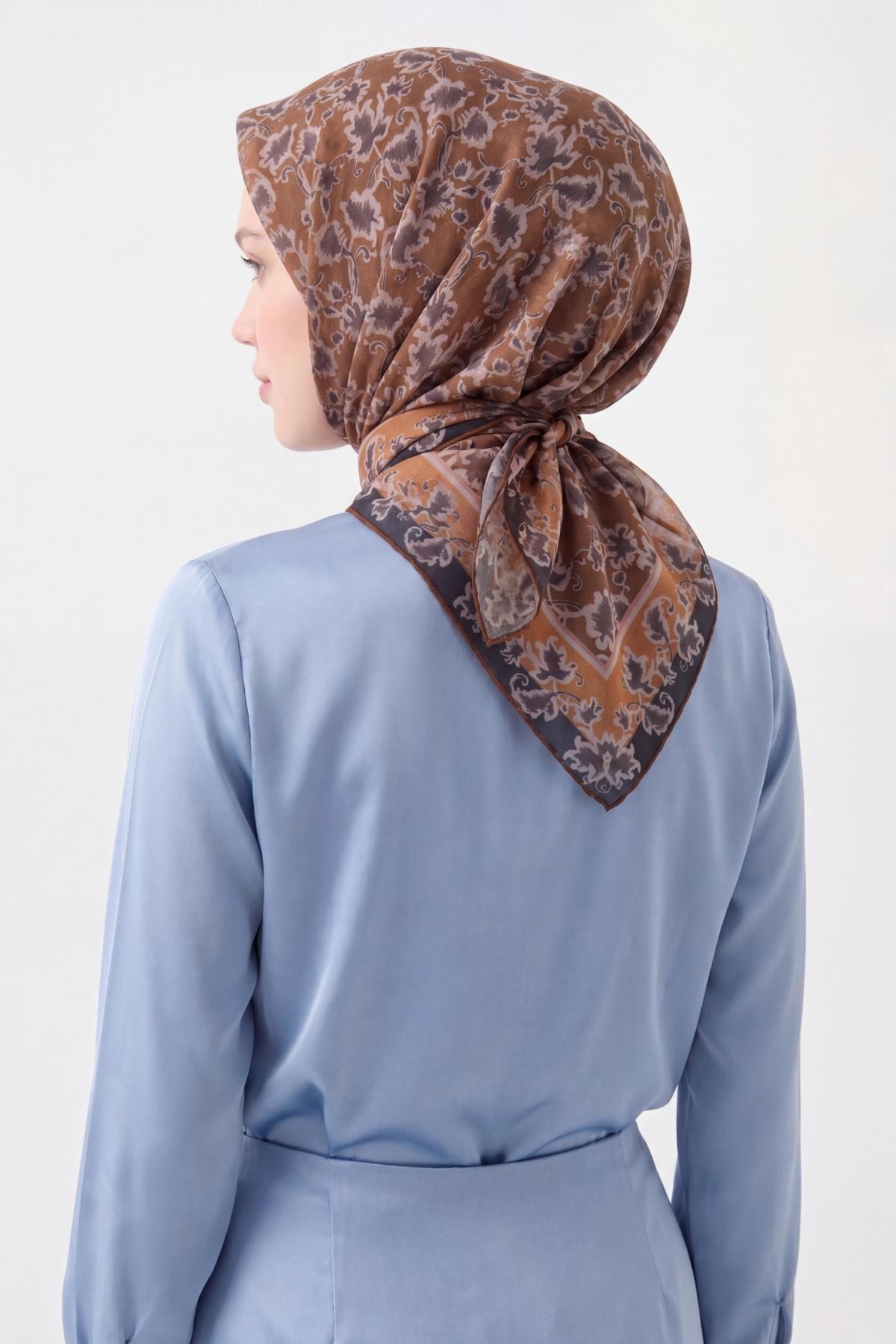 Soft Eşarp Yaprak Desen Yeşil Kahve 90x90