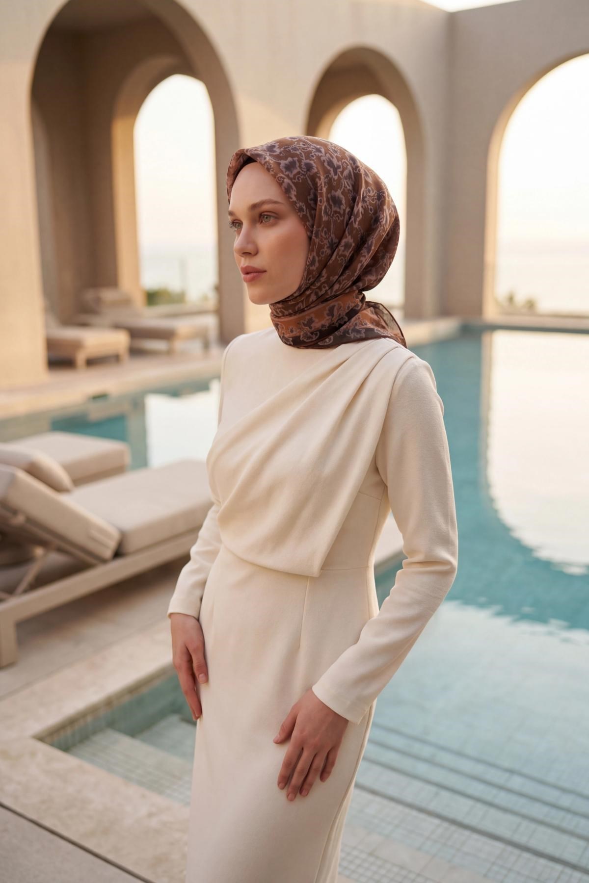Soft Eşarp Yaprak Desen Yeşil Kahve 90x90