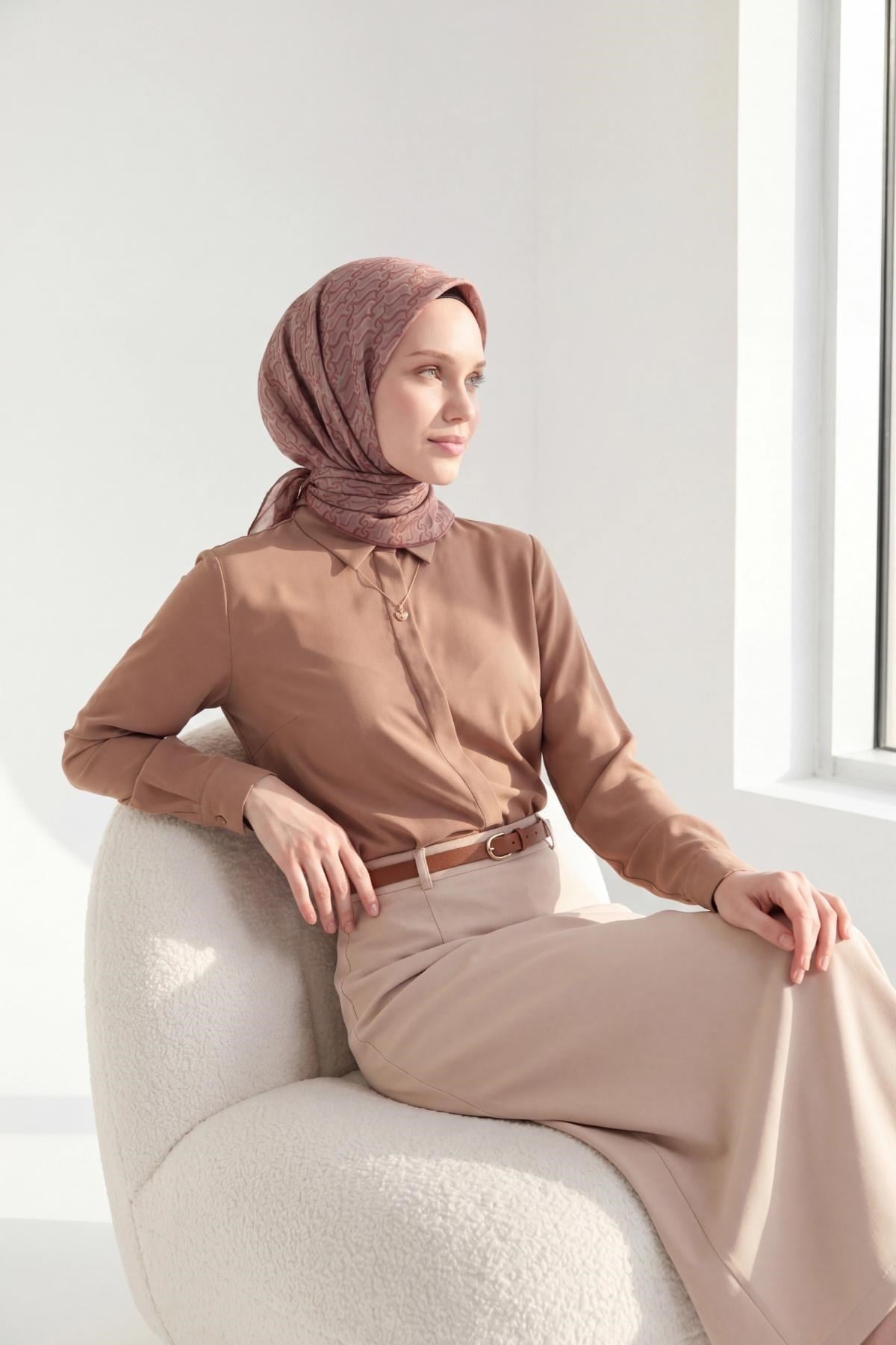 Soft Eşarp Zincir Desen Pudra Vizon 90x90