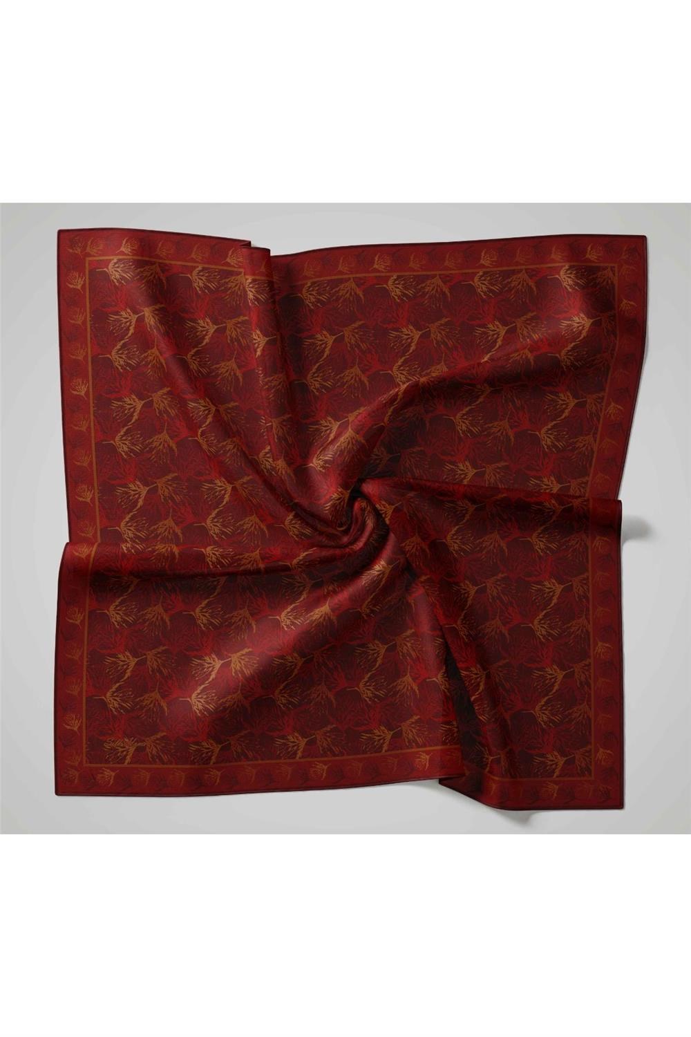 Soft Pamuk Eşarp Bordo Yaprak Desenli Hafif Tok Duruşlu 90x90