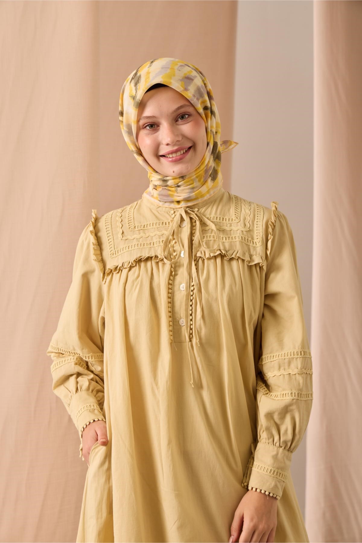 Soft Pamuk Eşarp Butter Yellow Sarı Desenli 90x90